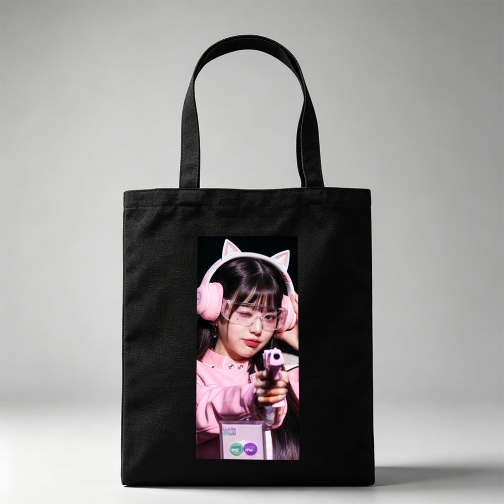 Miu Miu in Pink Cat Ear Headphones Holding a Toy Gun with Clear Glasses and Playful Expression - Canvas tote bags