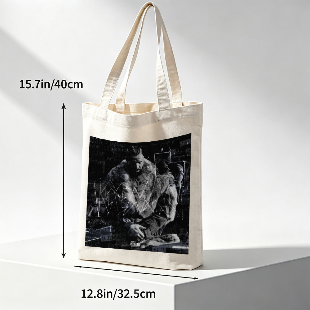 Kendrick Lamar in a fur-lined coat with geometric overlays and collage elements on a dark, textured background - Canvas tote bags