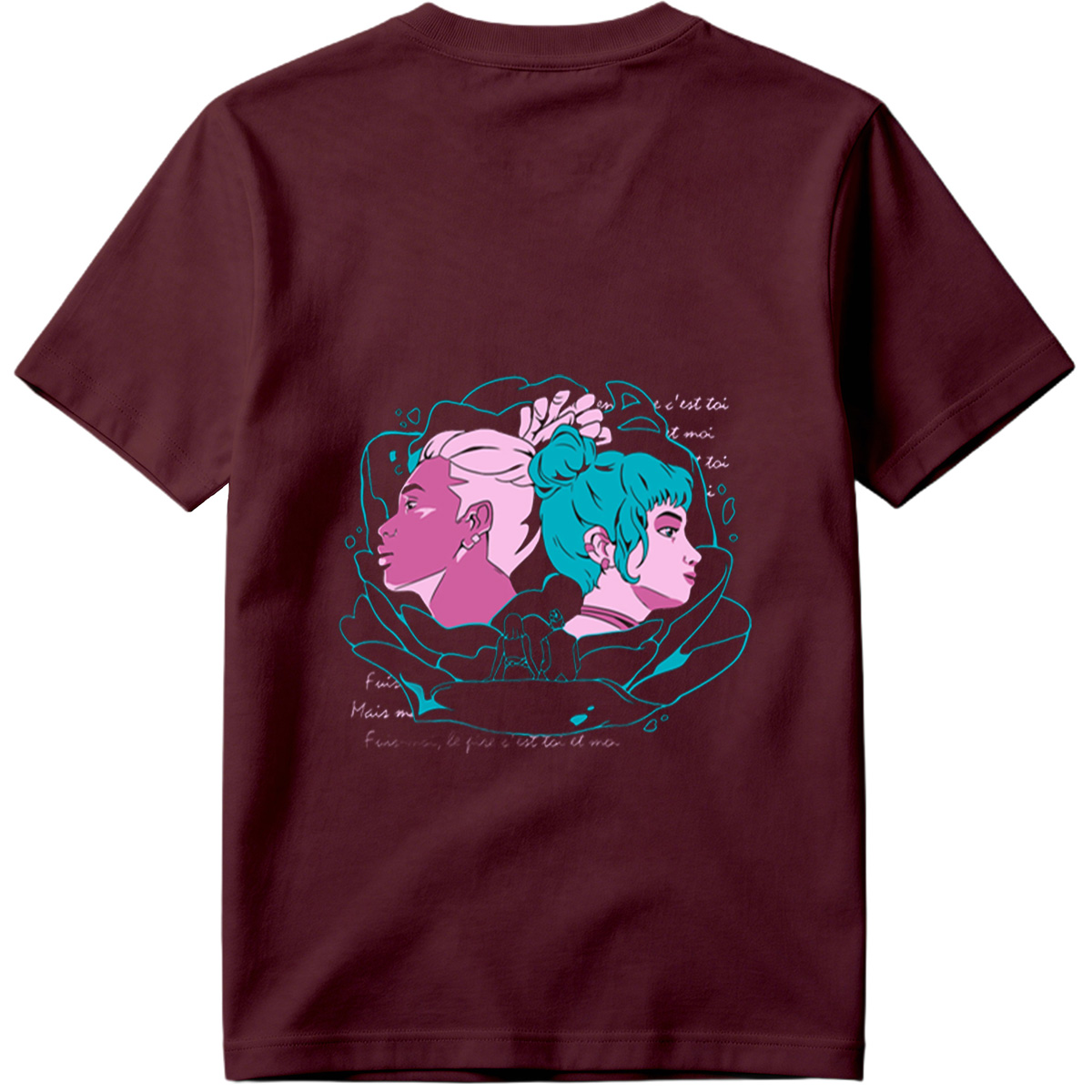 Two Women in Profile: A Stylized Artwork Featuring Pink and Teal Hair with French Text - Tee