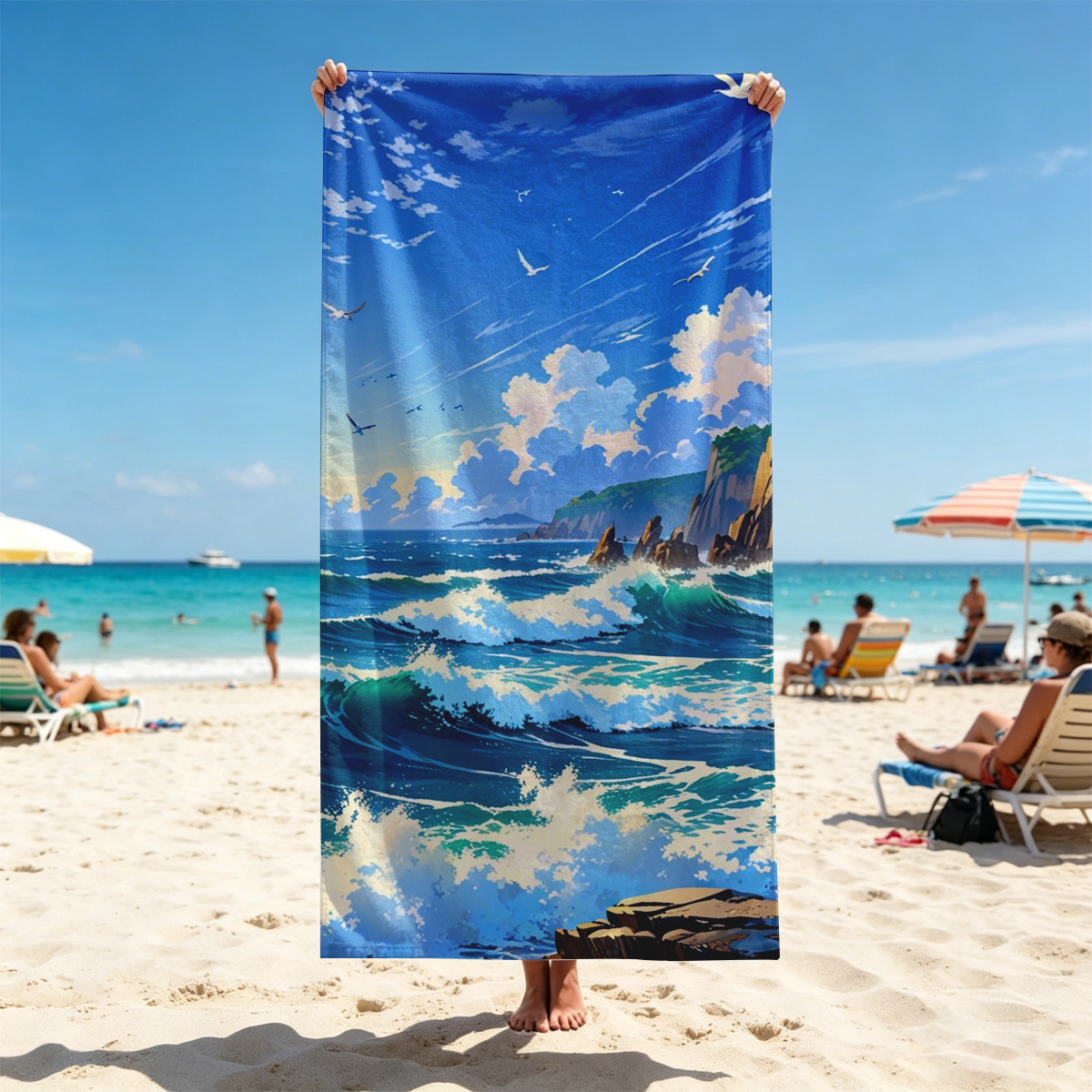 Ocean Waves Crashing Against Rocky Coastline Under Blue Sky - Beach towels
