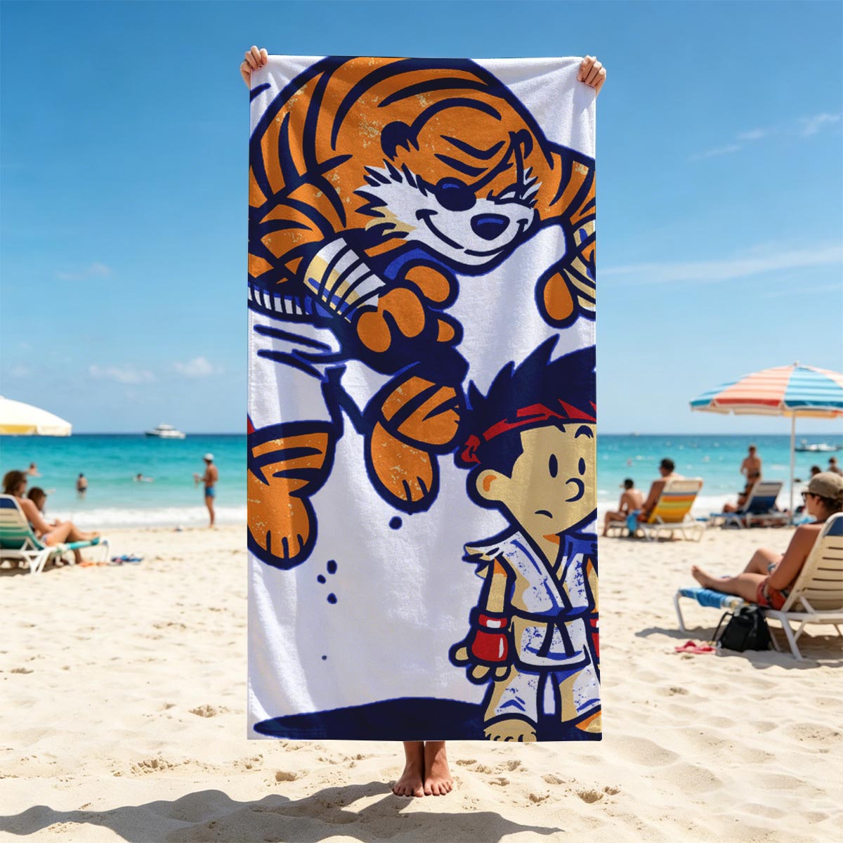 Tiger and Martial Artist Boy in Action Pose - Beach towels