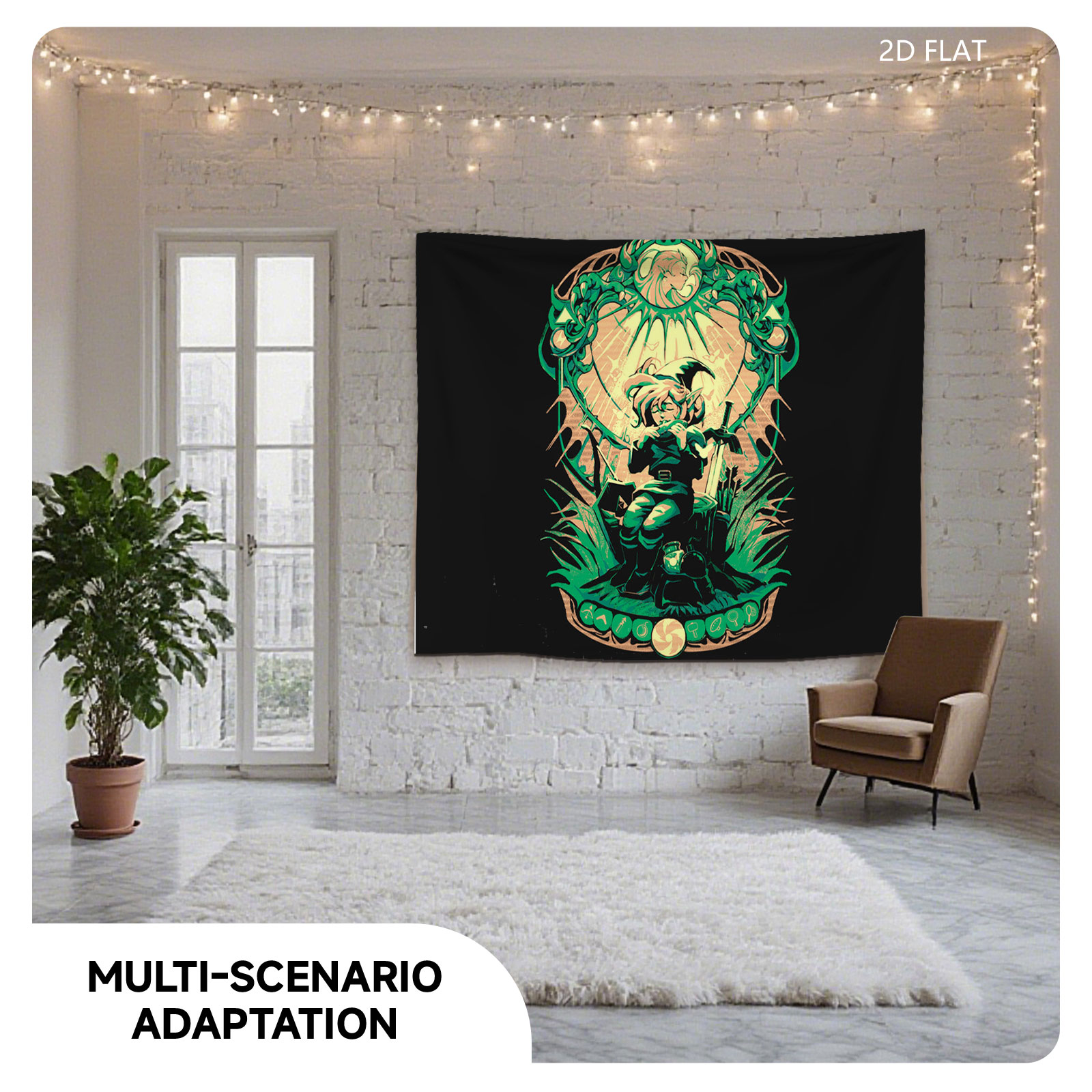 Link from The Legend of Zelda, wielding sword and shield, framed by ornate green design with Triforce symbols - Tapestry