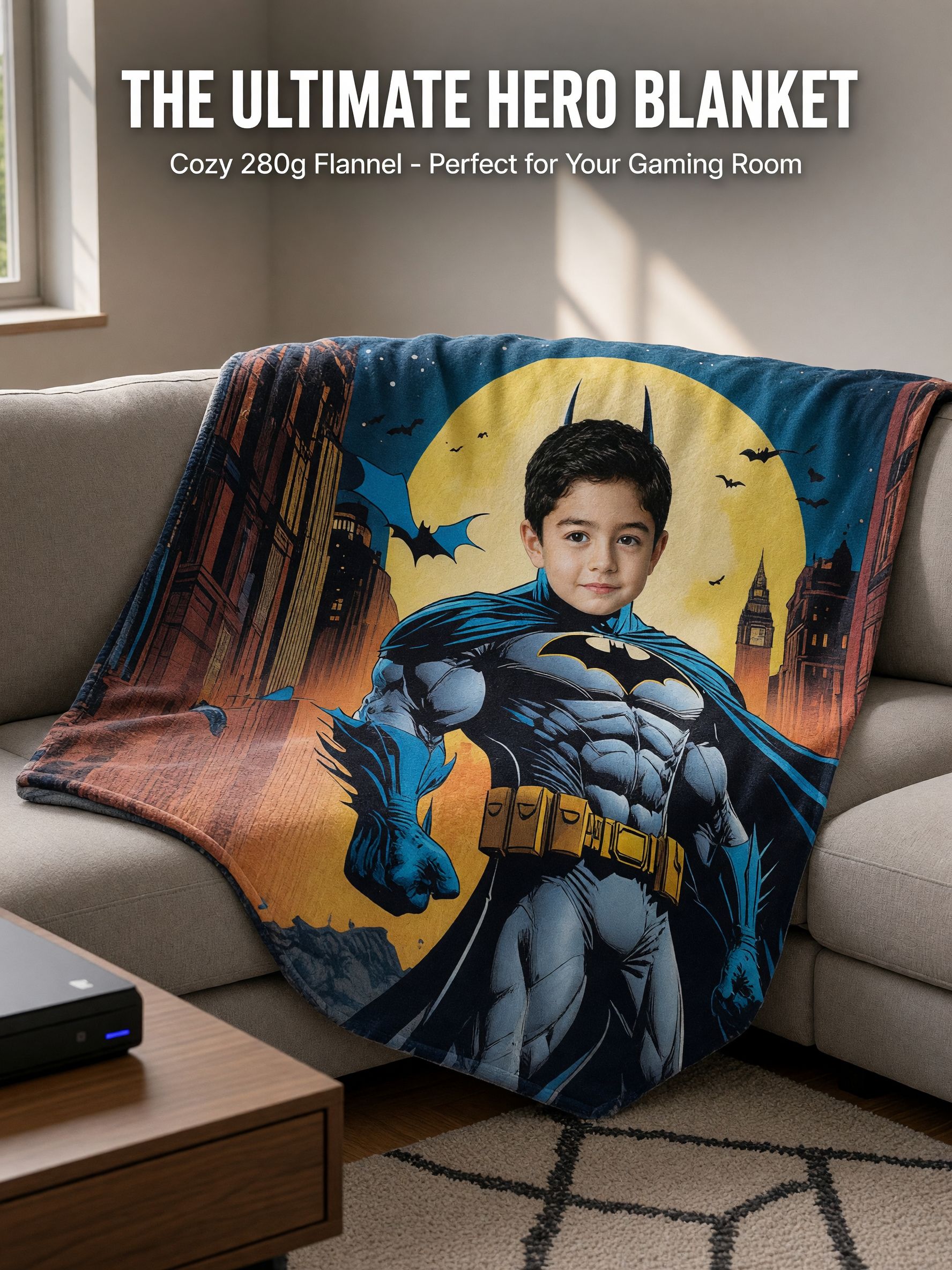 Custom Photo Superhero Face Blanket, Ultra Soft Flannel Fleece Throw, Ideal Personalized Gift for Kids and Comic Fans