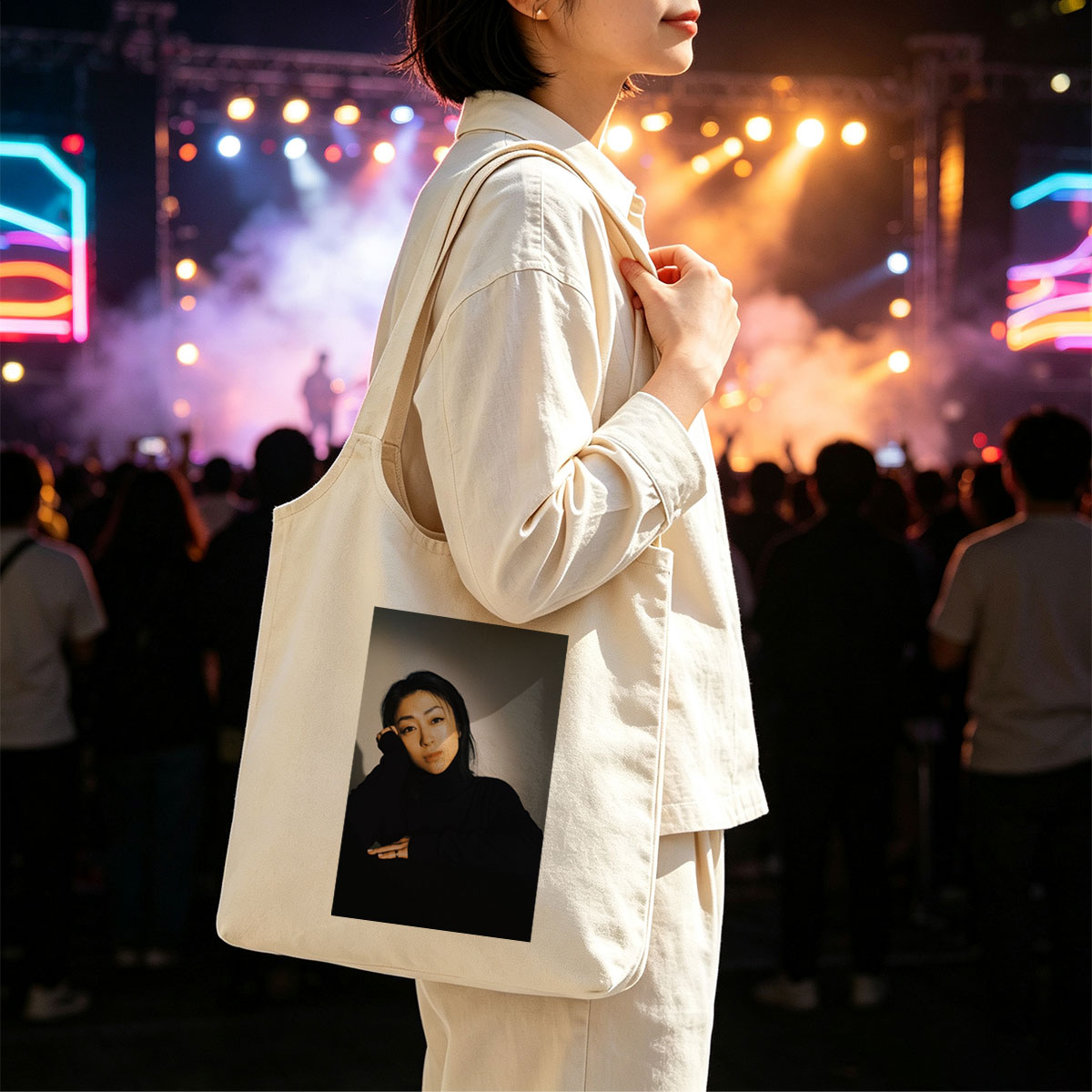 Yoko Kanno in a Moody Portrait Wearing Black Turtleneck with Dramatic Lighting - Canvas shoulder bags/