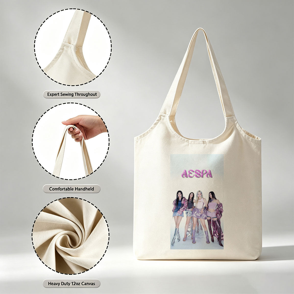 AESPA Group Pose in Futuristic Fashion Against White Background - Canvas shoulder bags/
