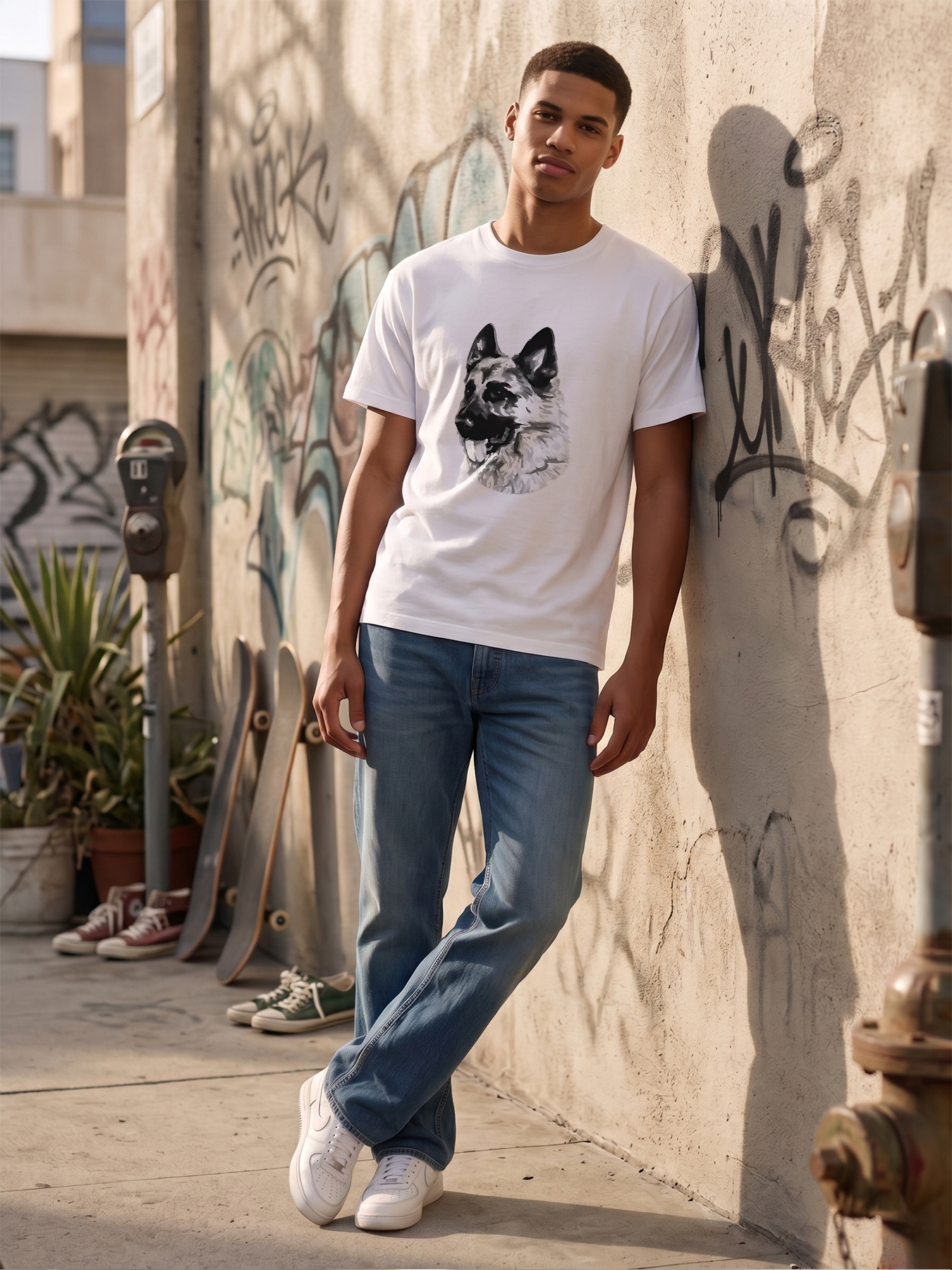 Men's Printed T-Shirt Featuring German Shepherd Dog with 