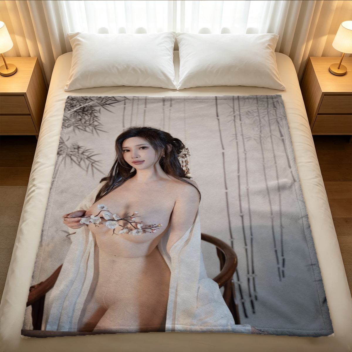 Blonde woman in teal lace lingerie lying on tropical print bedding. - Blanket