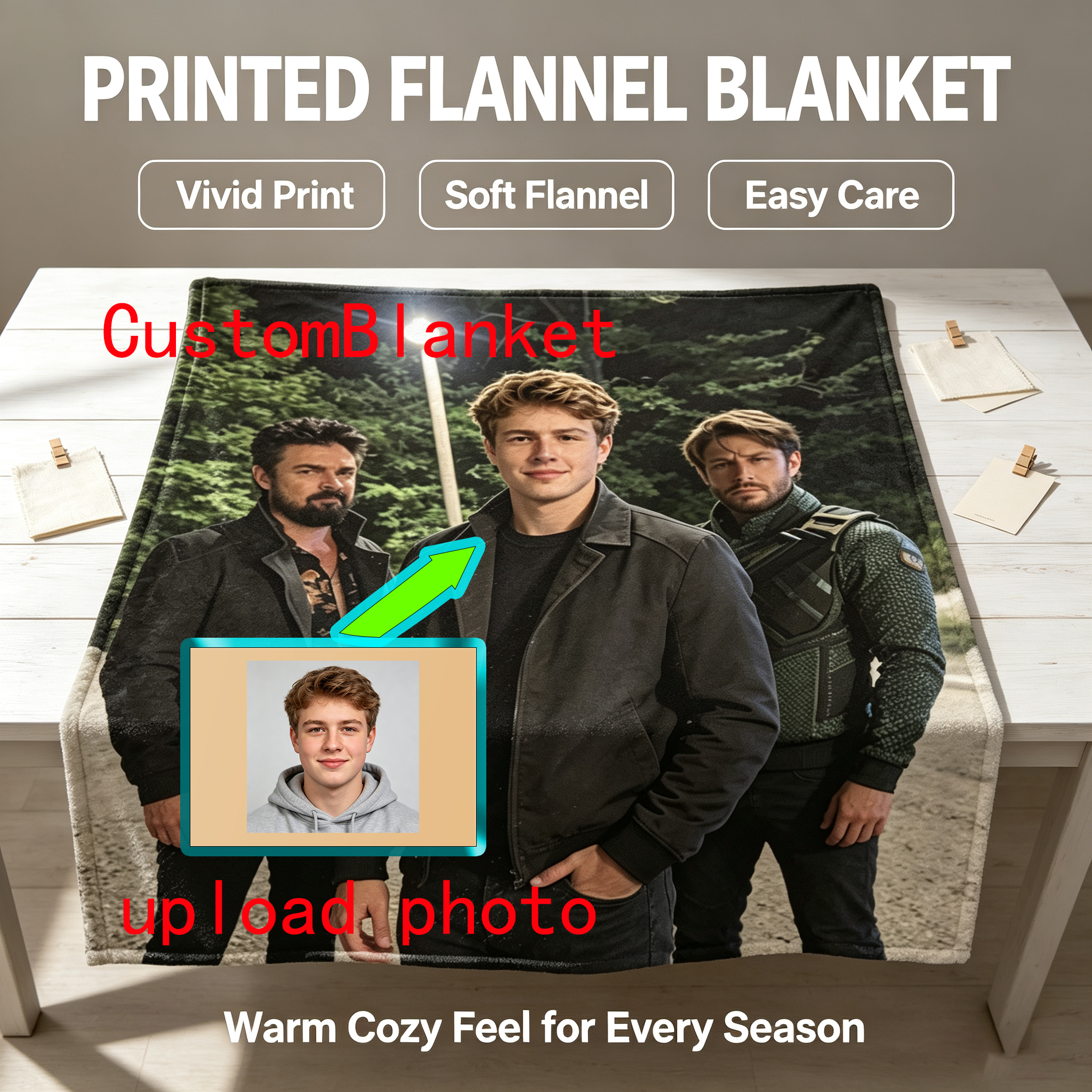 Custom Face Blanket Featuring Three Men in Stylish Outfits Standing Outdoors at Night Flannel Blanket Perfect for Cozy Nights and Unique Gift/Giveaway