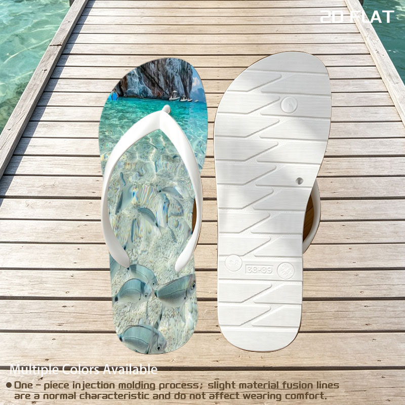 Clear waters reveal schools of fish swimming near a rocky shore with boats in the distance. -  flip-flops