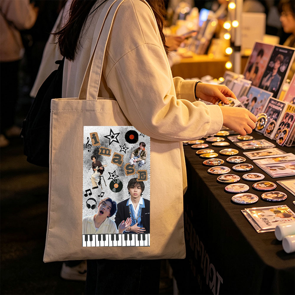Imase Band Members in Music-Themed Collage with Guitar, Piano Keys, and Vinyl Records - Canvas tote bags