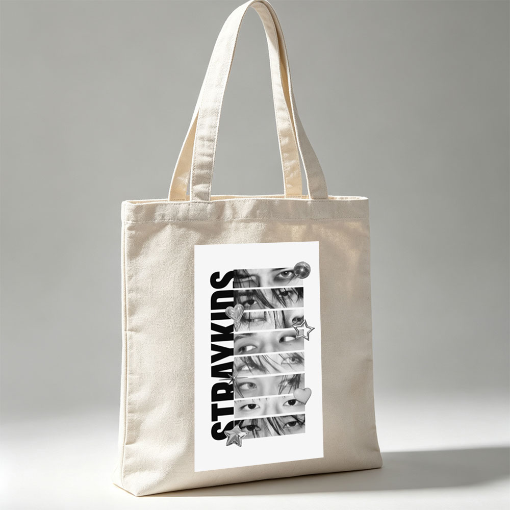 Stray Kids Close-Up Eyes Black and White Collage with Stars and Hearts - Canvas tote bags