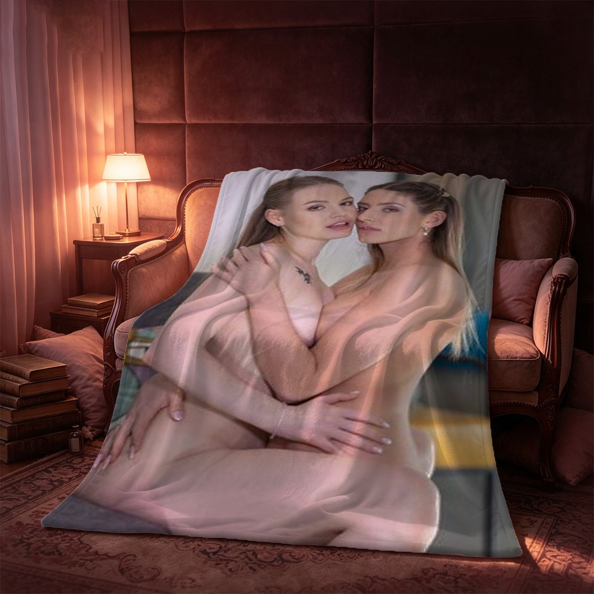 Two young women in lingerie on wet rocks. - Blanket
