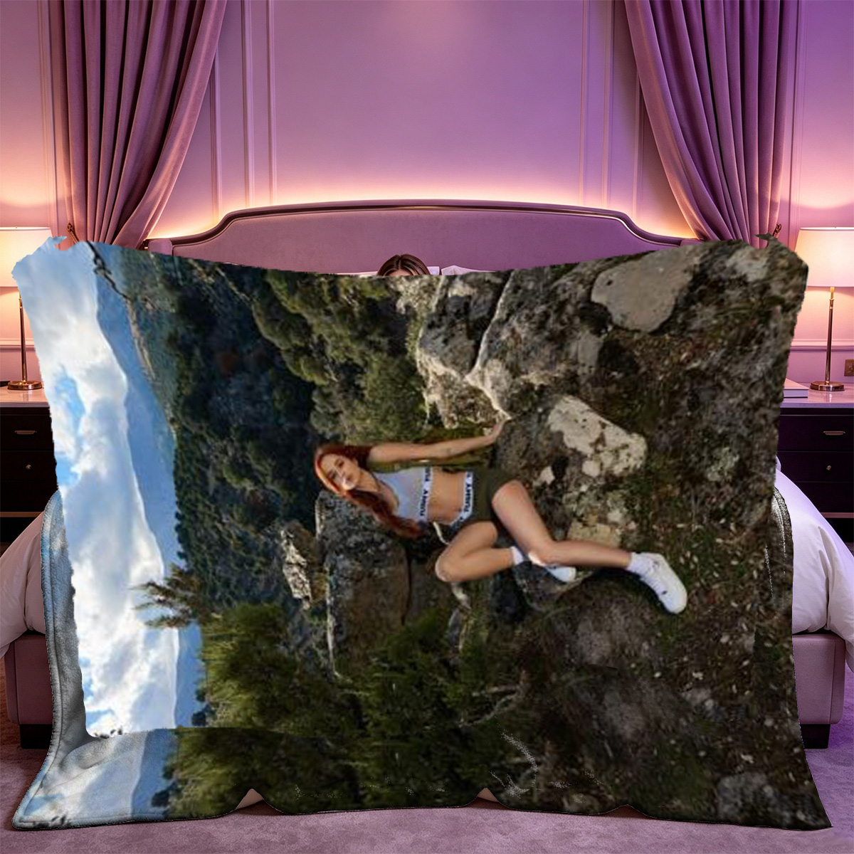 A brunette model in black lace lingerie and a brown satin robe, seated in a luxurious chair. - Blanket