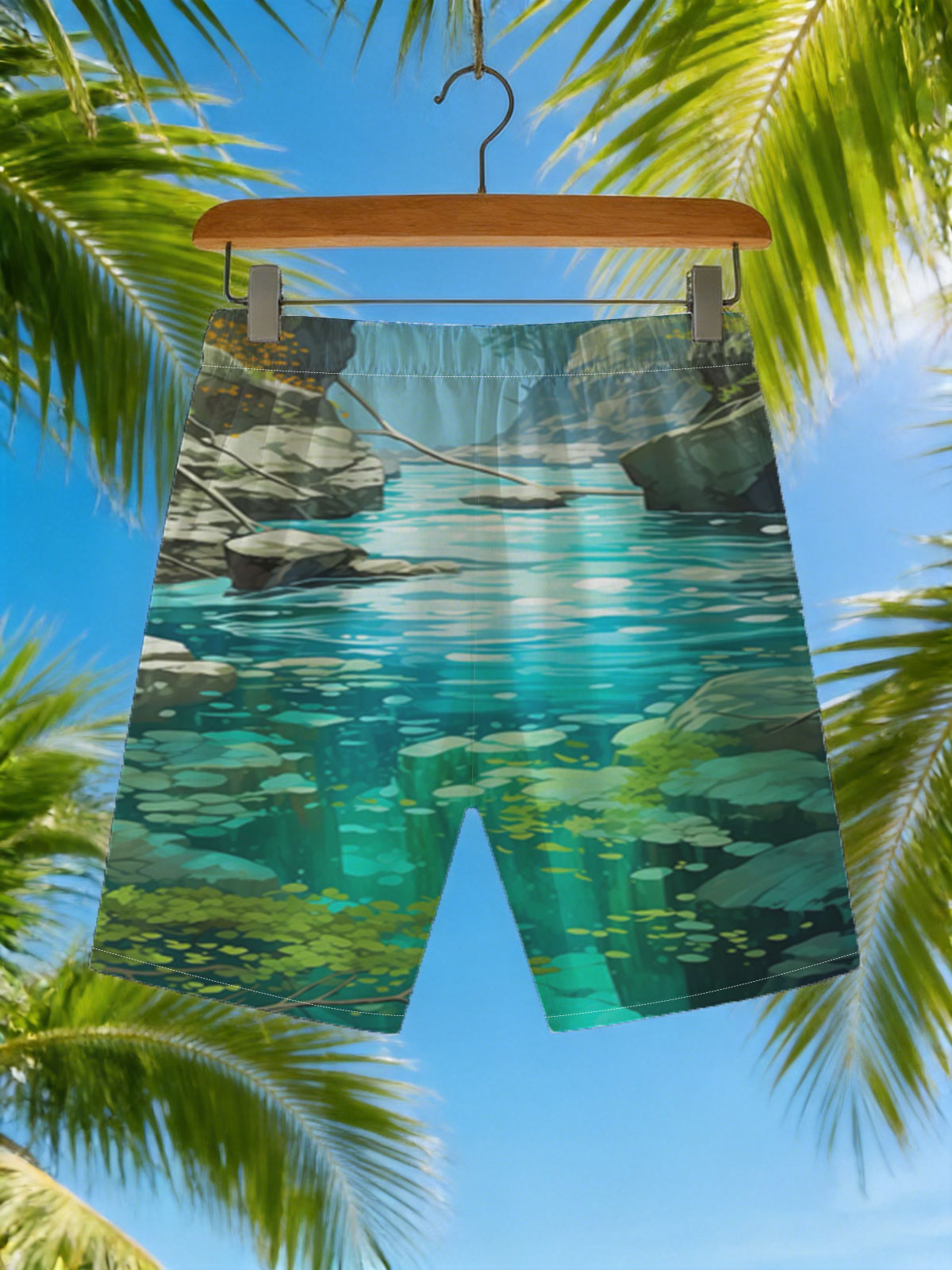 Crystal Clear Stream in a Lush Canyon -  Beach shorts