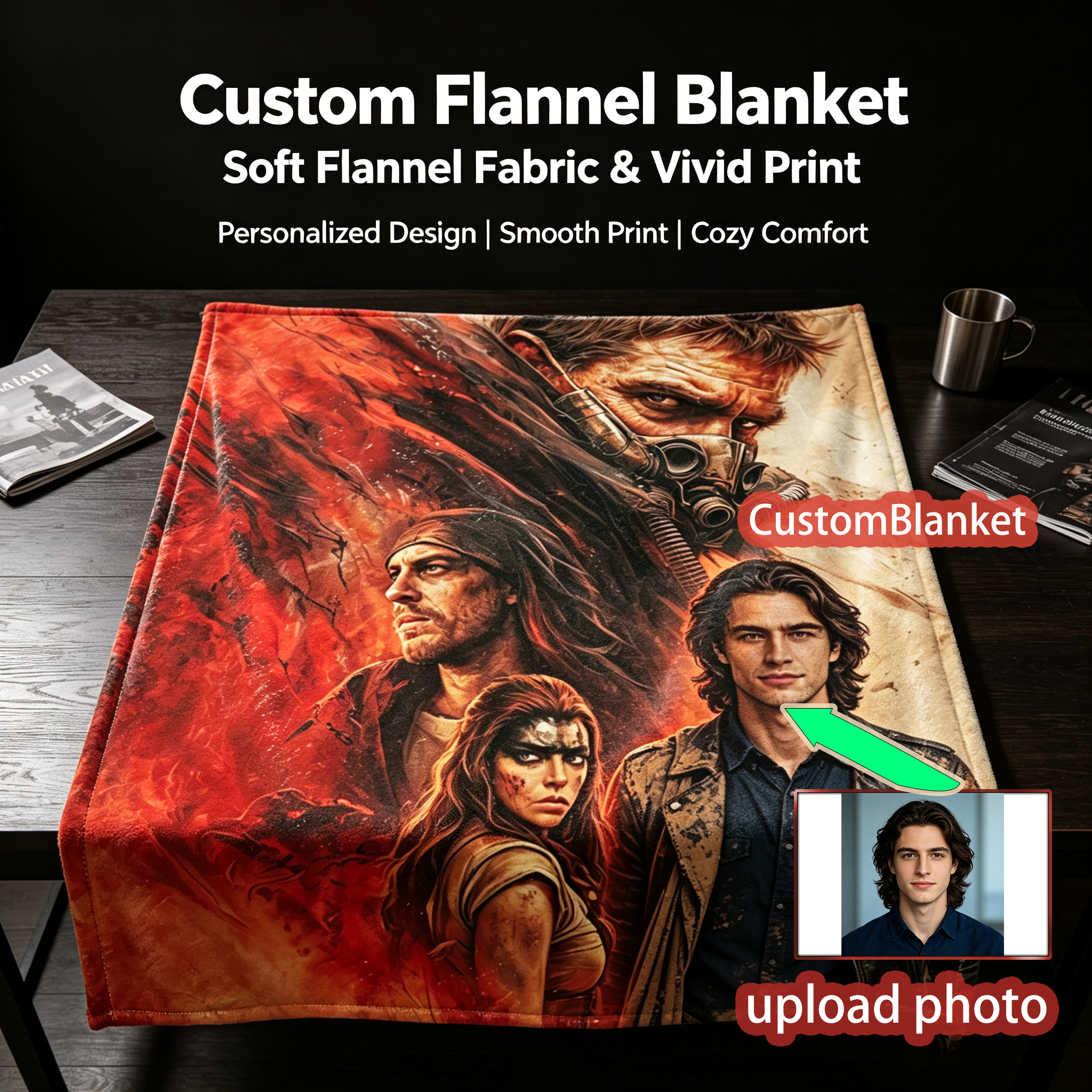 Custom Face Blanket Mad Max Fury Road Flannel Blanket Movie Character Art Gift for Fans and Collectors