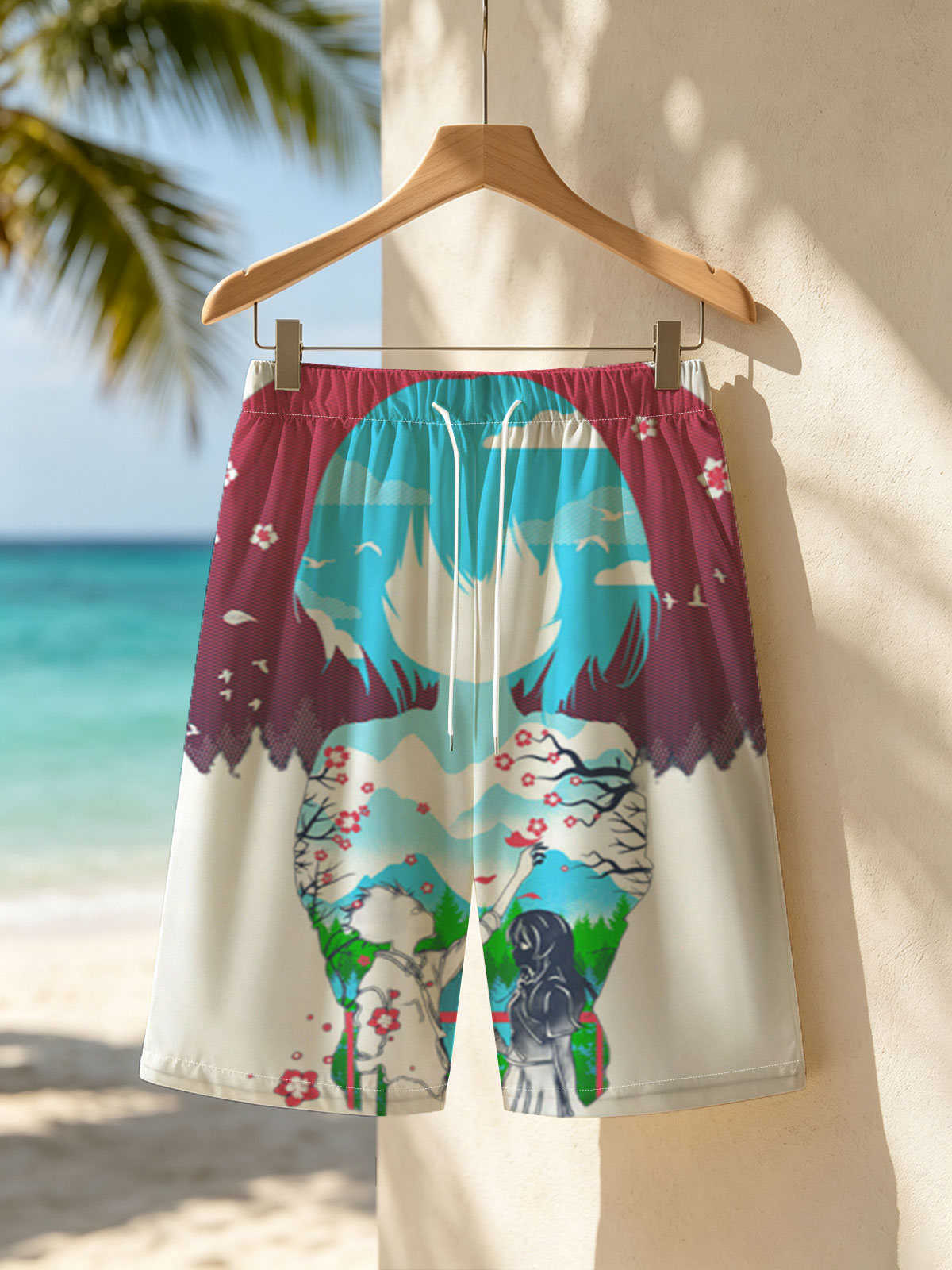 Two Figures Under Cherry Blossoms with Mountain Landscape and Sky Background -  Beach shorts