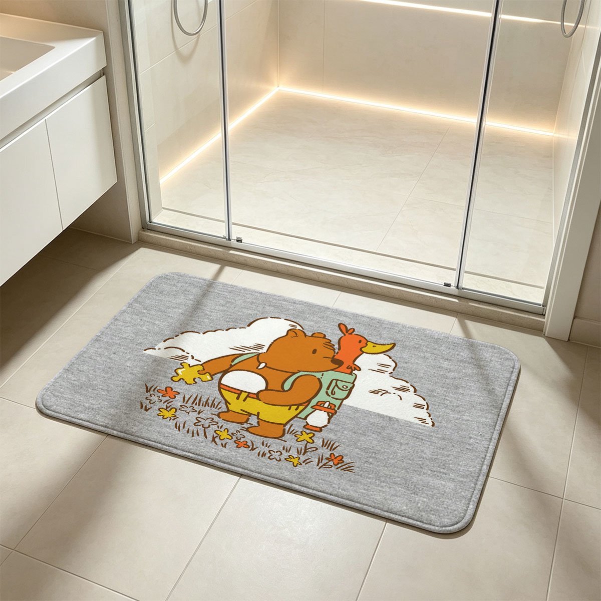 Bear and Duck Adventure in the Field - Flannel floor mat