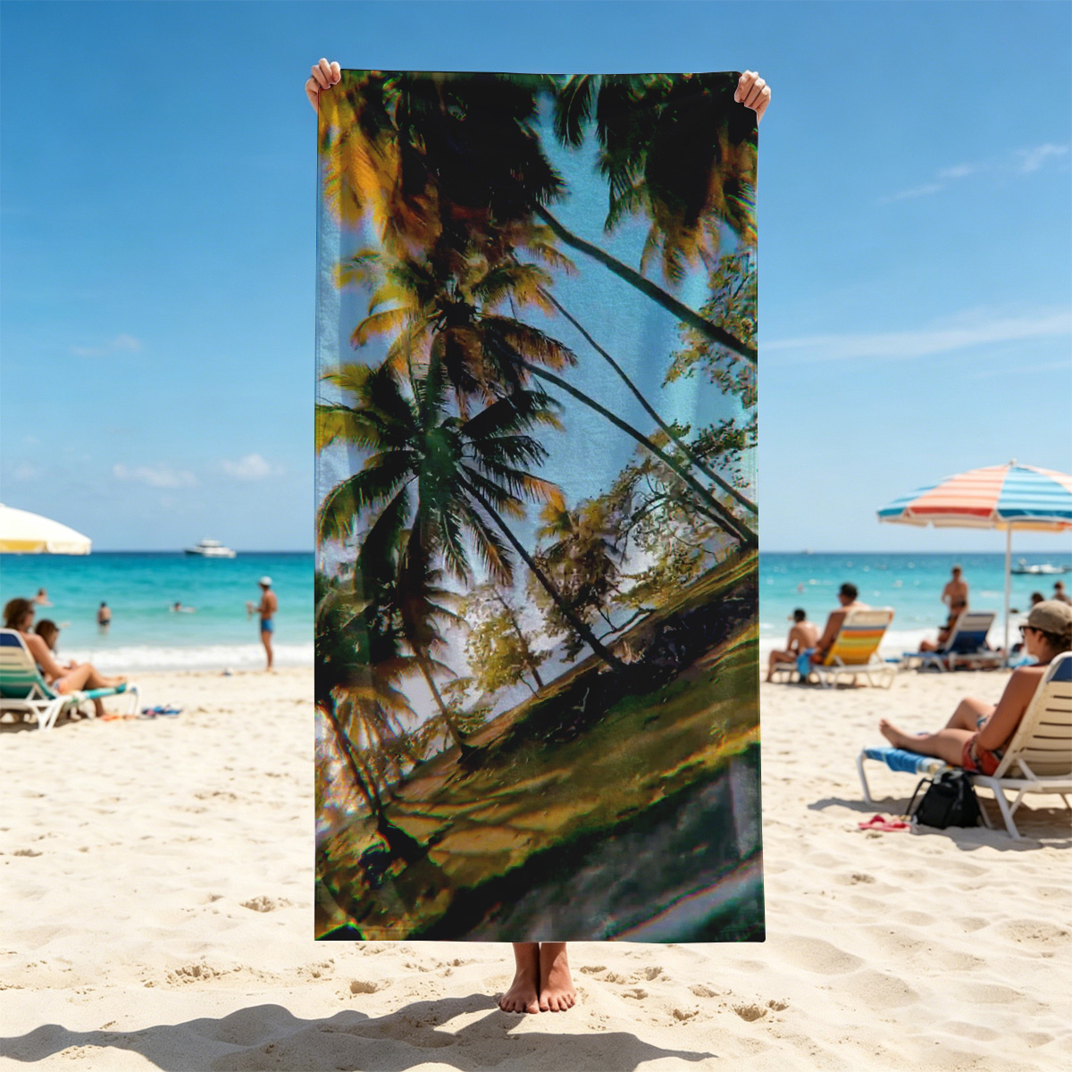Tropical palm trees sway under a clear blue sky, casting golden shadows on the ground. - Beach towels