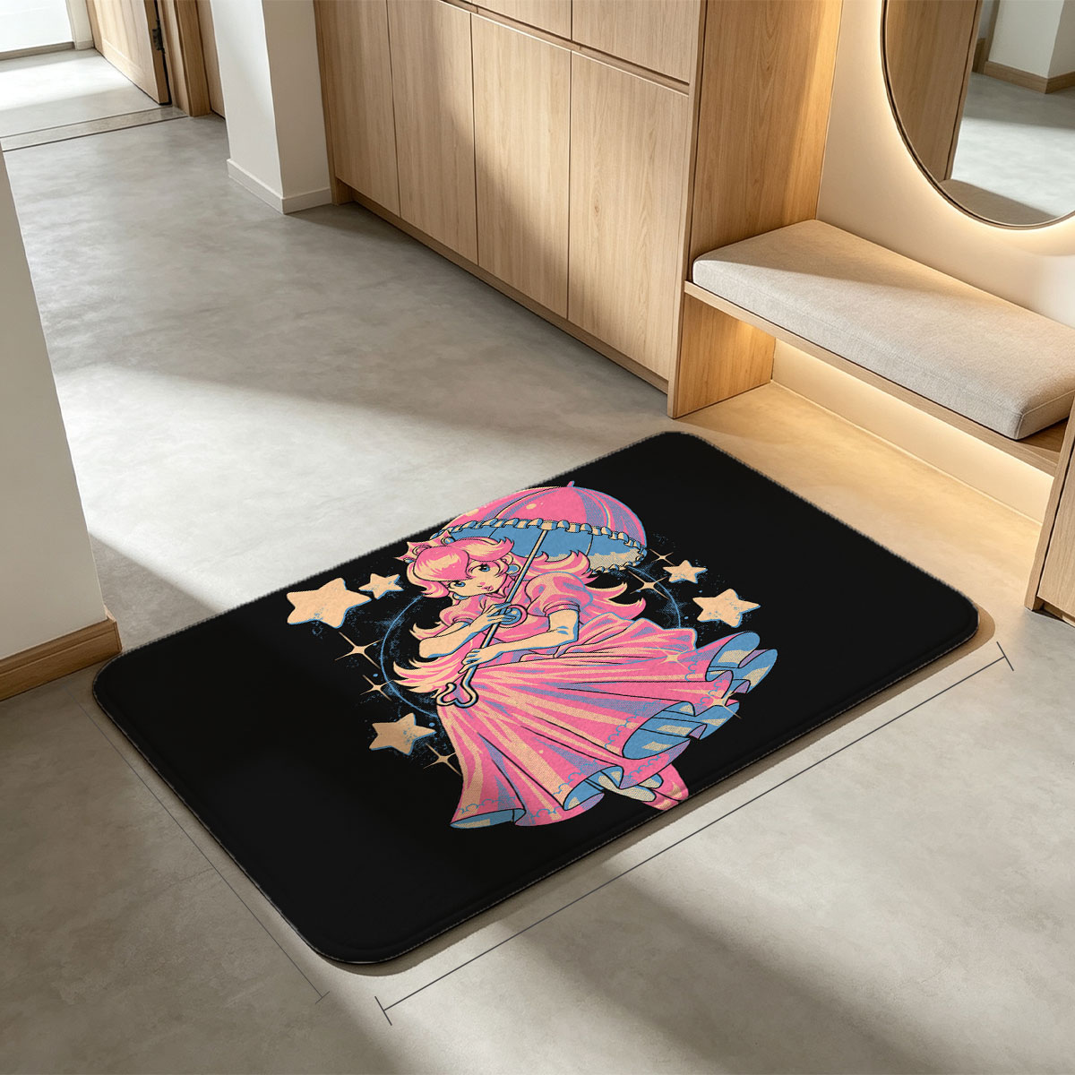 Princess Peach in Pink Gown with Umbrella and Stars - Flannel floor mat