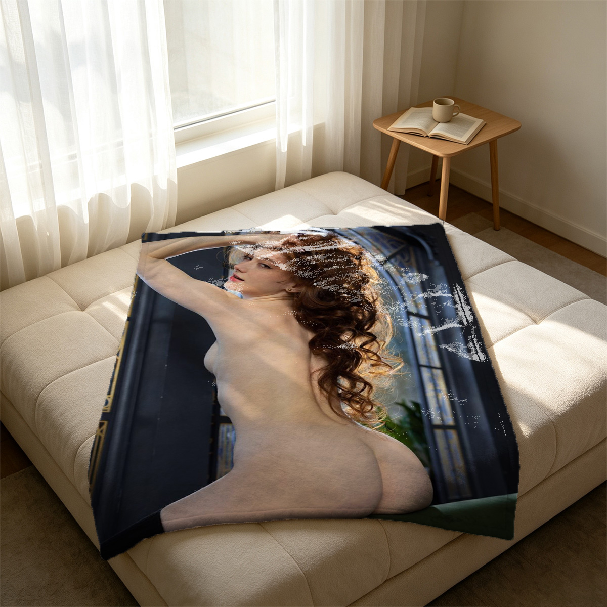 Bunny Girl in Fishnet Stockings Sitting in Bathtub - Blanket