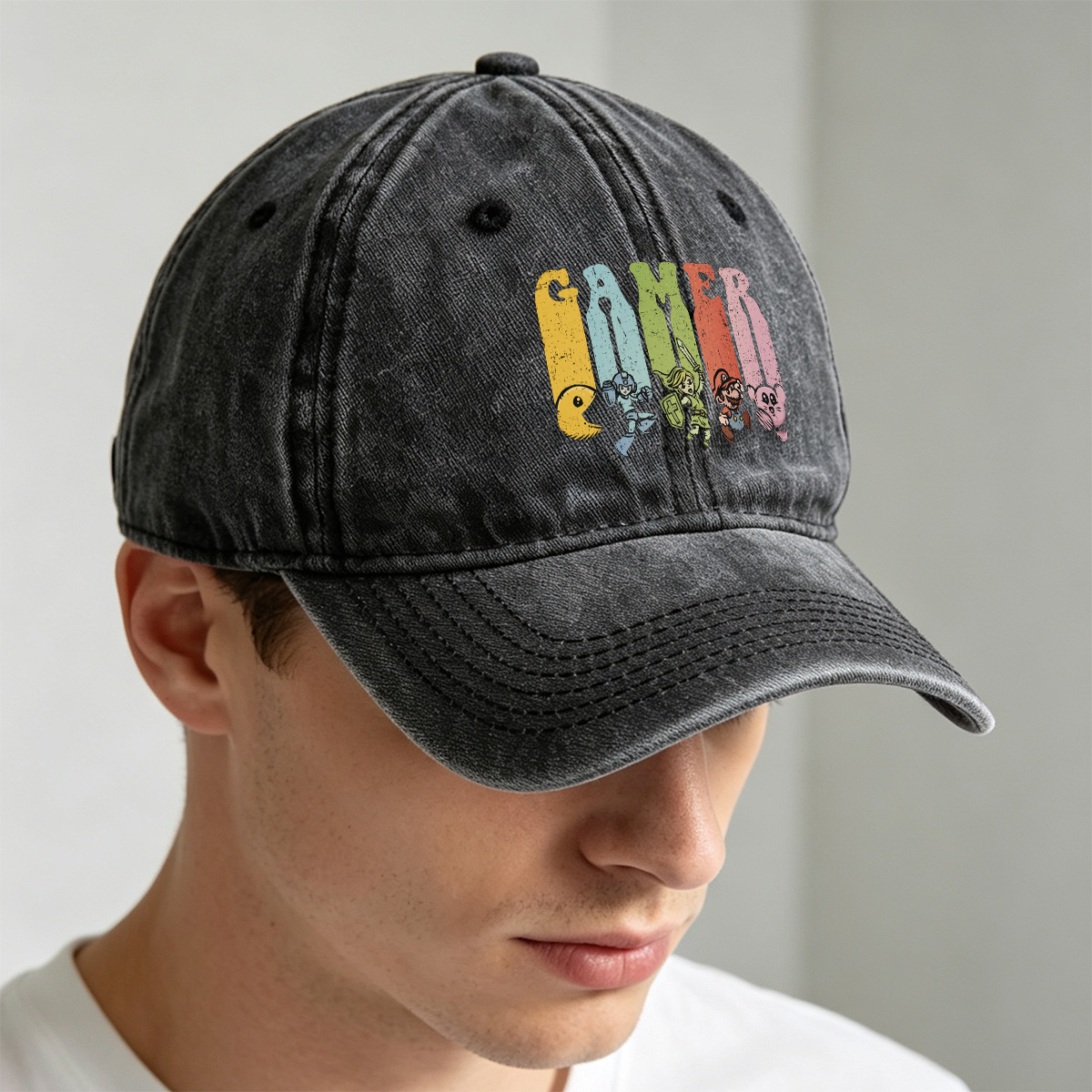 Gamer: Pac-Man, Mega Man, Zelda, Mario, Kirby - Washed Denim - Baseball Cap