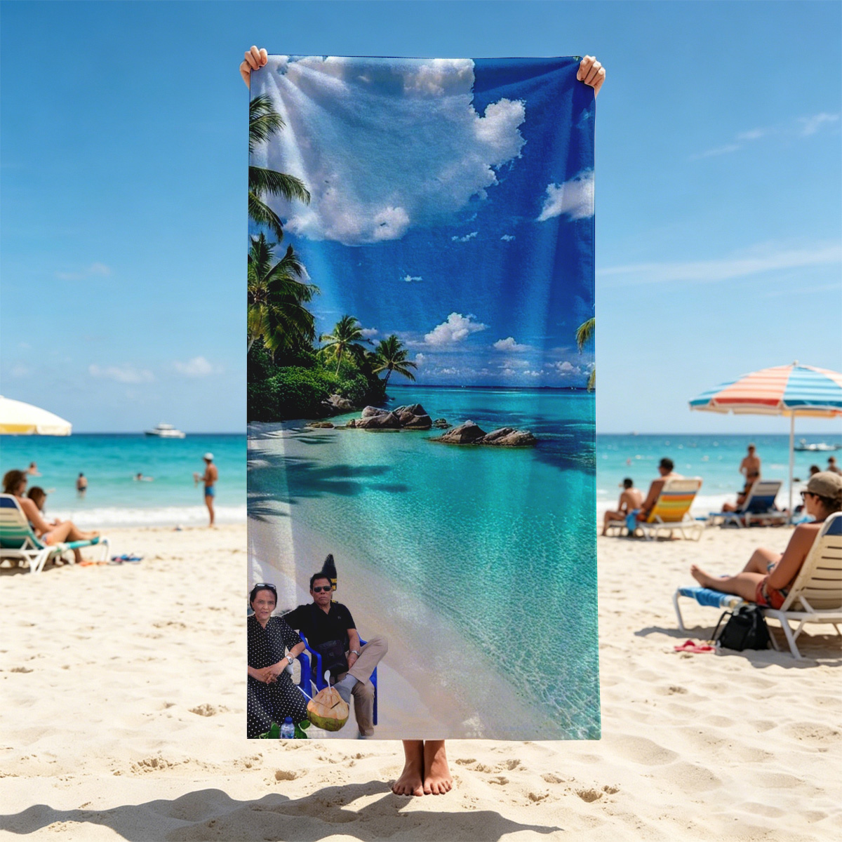 Couple relaxing on a tropical beach with turquoise waters and palm trees - Beach towels