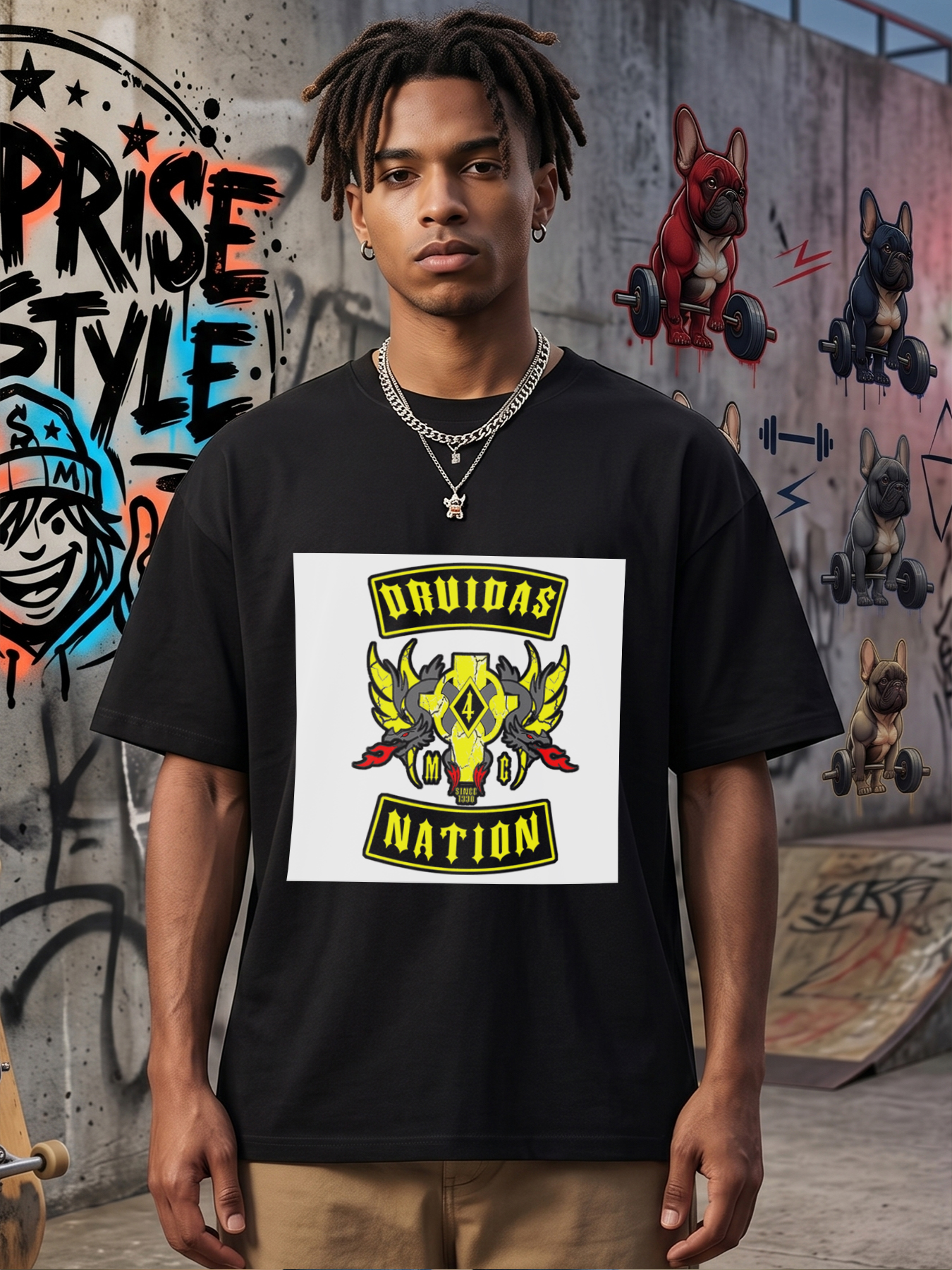 Men's Printed T-Shirt with Druidas Nation Logo and Dragon Wings Design, Casual Round Neck Summer Lightweight Breathable Short Sleeve T-Shirt for Biker Enthusiasts and Streetwear Fans