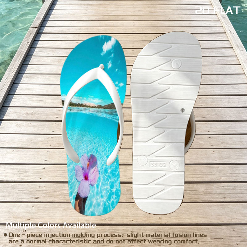 Hand holding a pink hibiscus flower over crystal-clear turquoise water under a bright blue sky. -  flip-flops