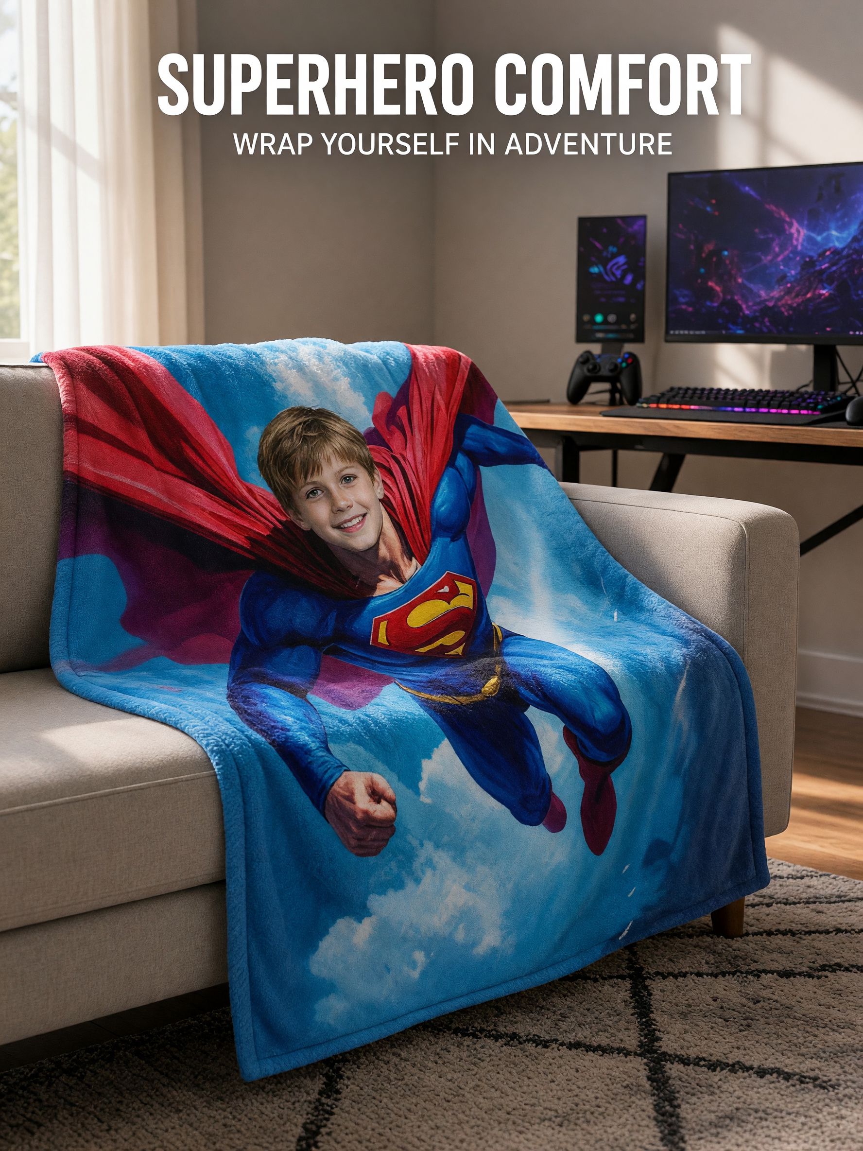 Custom Face Photo Flannel Fleece Blanket Personalized Flying Superhero Throw Cover for Bed Sofa Ideal Birthday Gift