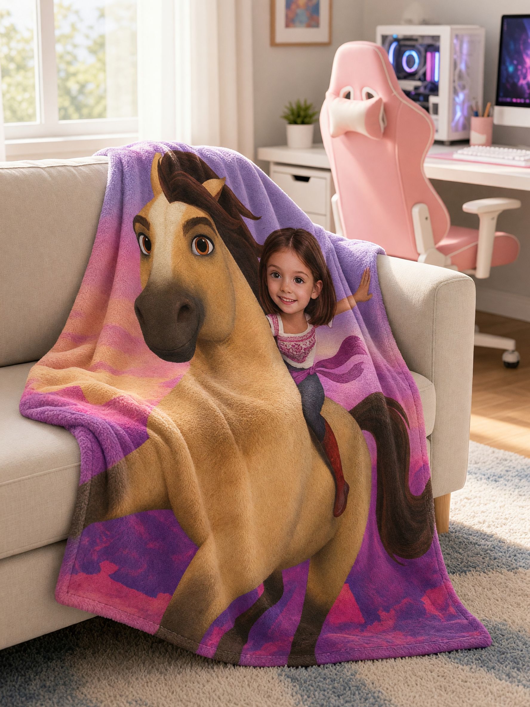 Custom Face Photo Blanket Personalized Horse Riding Cartoon Flannel Throw Cozy Plush Gift