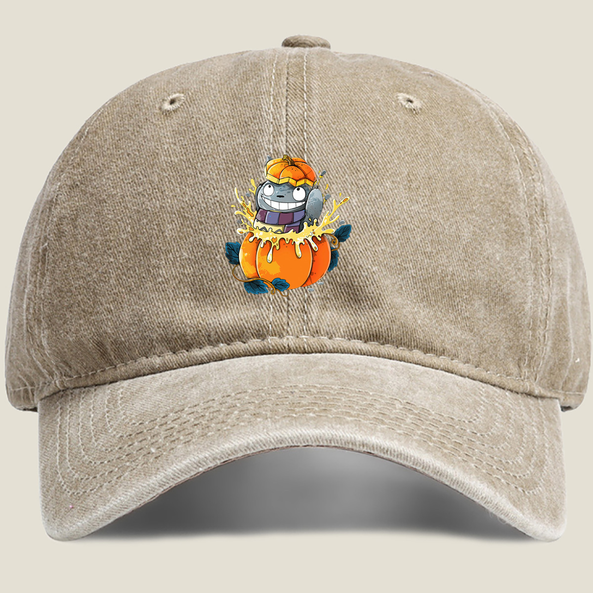 Pumpkin Cat in a Jack-o'-Lantern - Washed Denim - Baseball Cap
