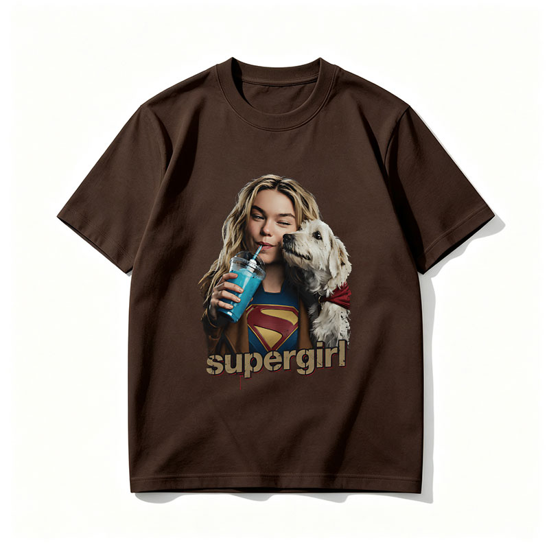 Supergirl with Dog and Blue Drink - Tee