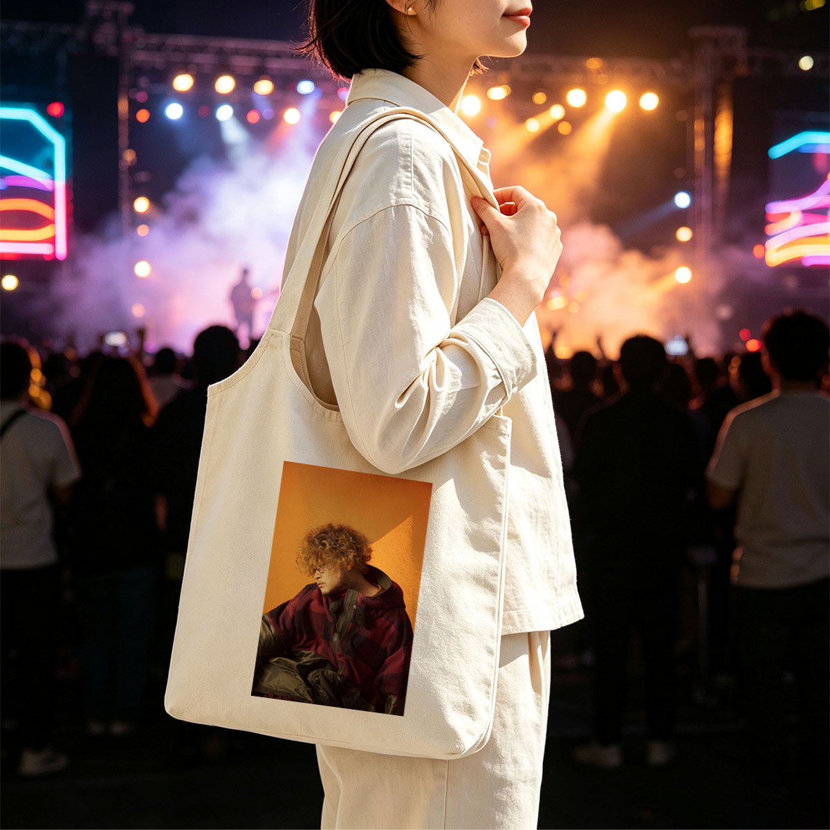 Takashi Miyagawa in a Moody Portrait Wearing a Plaid Hoodie Against an Orange Background - Canvas shoulder bags/