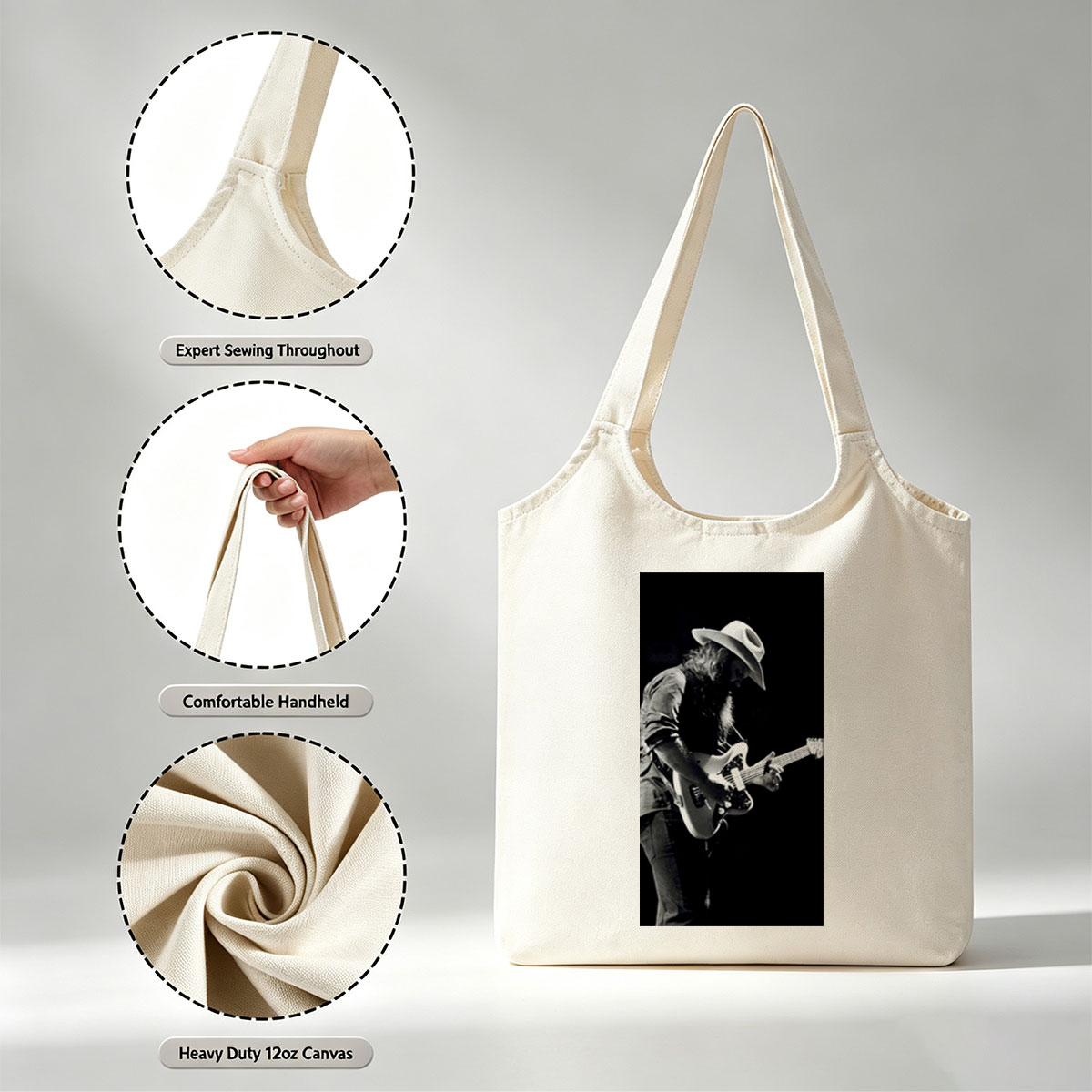 Stevie Ray Vaughan Playing Guitar on Stage in Black and White Photo - Canvas shoulder bags/