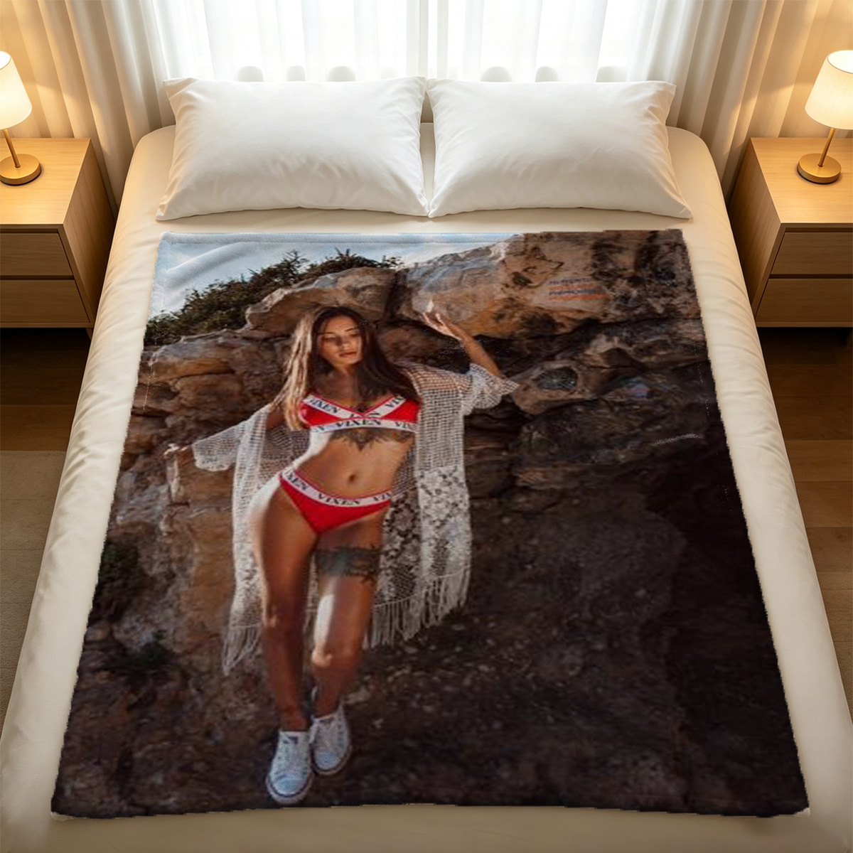 Jessica Chastain in red lingerie on bed with lip print backdrop - Blanket