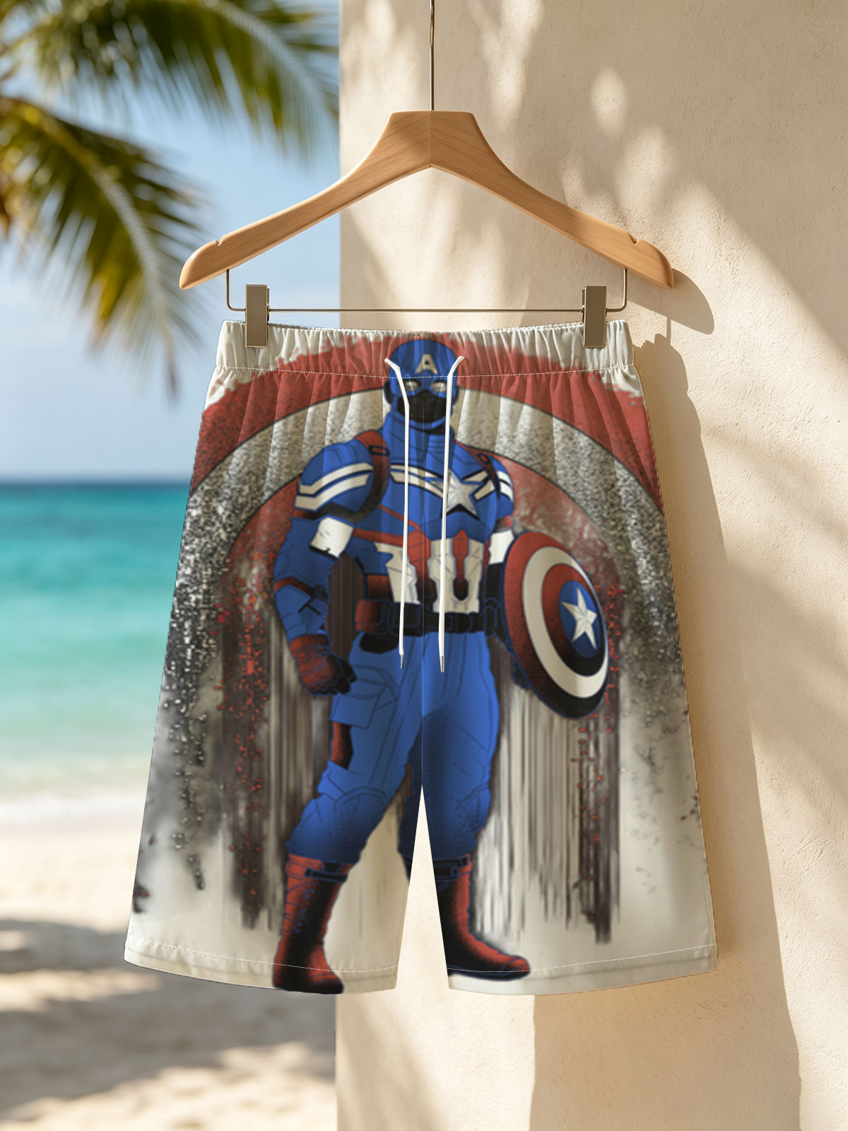 Captain America in Tactical Suit with Shield, Standing Against a Dynamic Red, White, and Blue Background -  Beach shorts