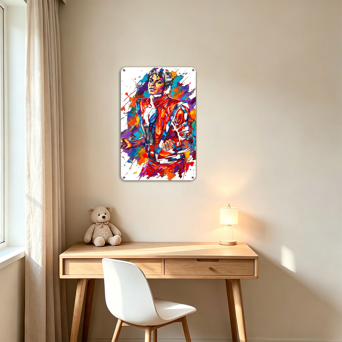 Michael Jackson in vibrant, dynamic art style, wearing iconic red jacket, set against colorful abstract background. - painting