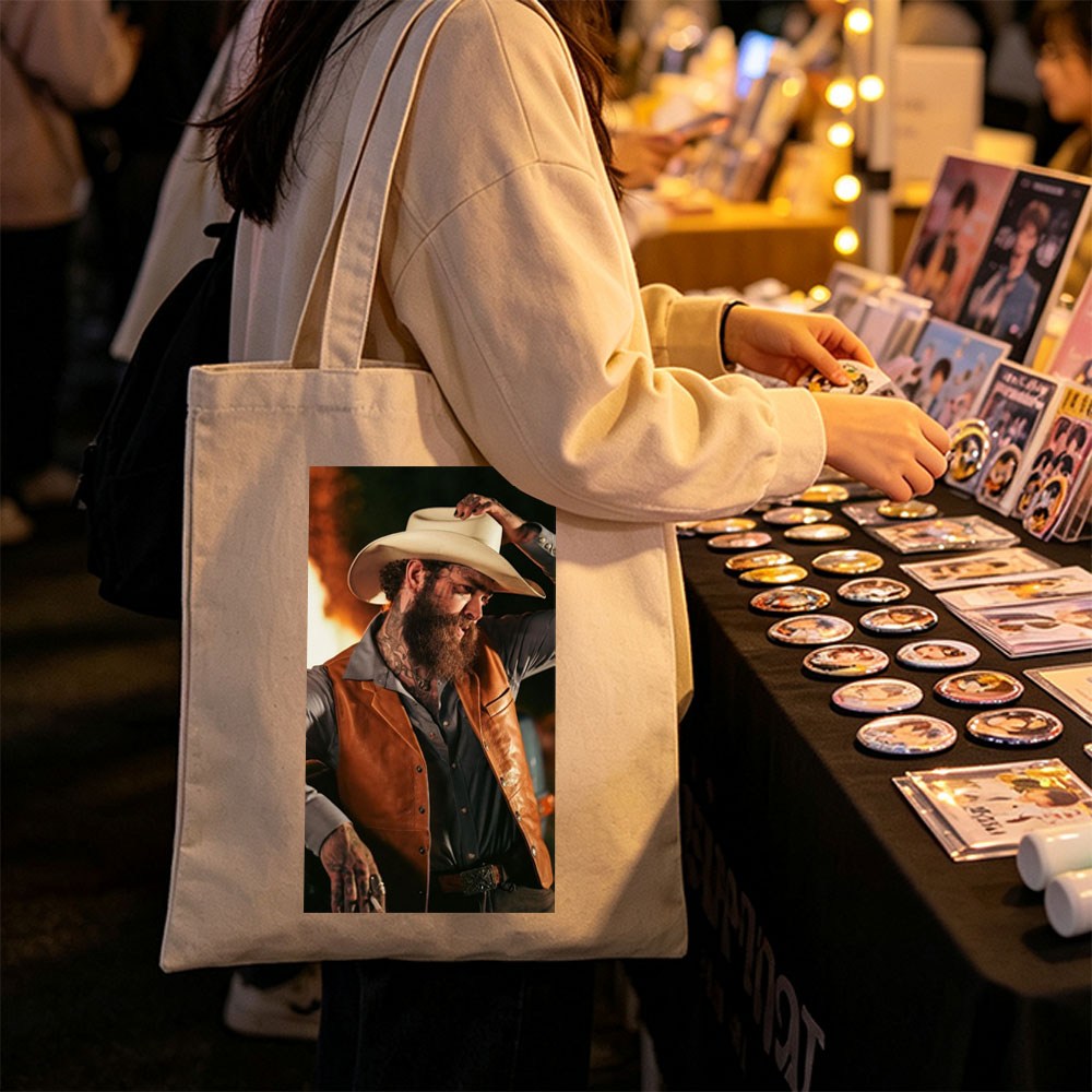 Post Malone in Cowboy Outfit Holding Hat with Fiery Background - Canvas tote bags