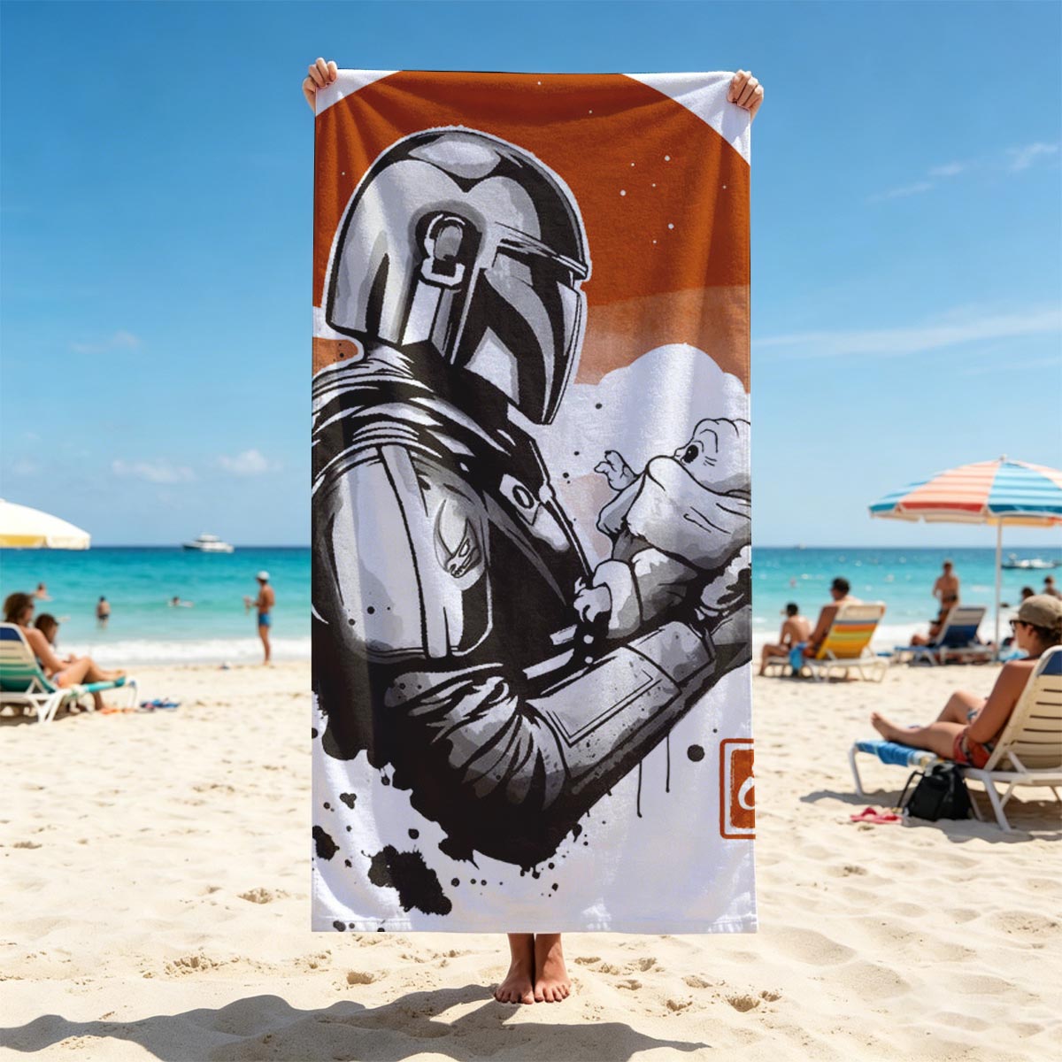 The Mandalorian and Grogu under a twin suns sky - Beach towels