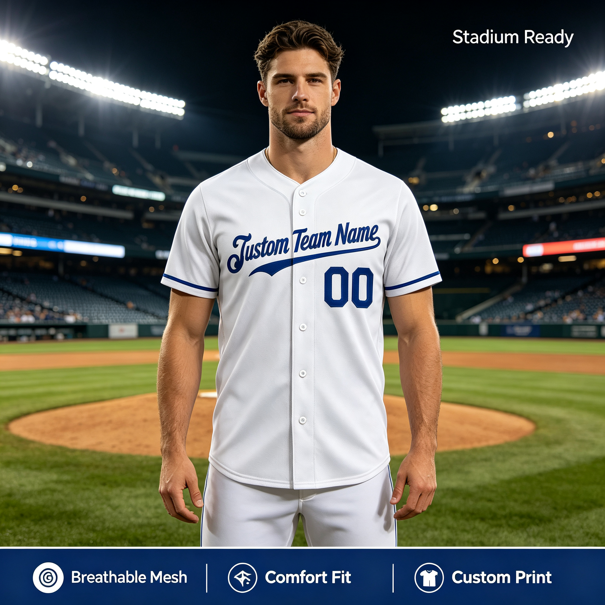 Custom Printed Kansas City Script Style Baseball Jersey White Royal Blue Trim Button Down Shirt for Men and Women