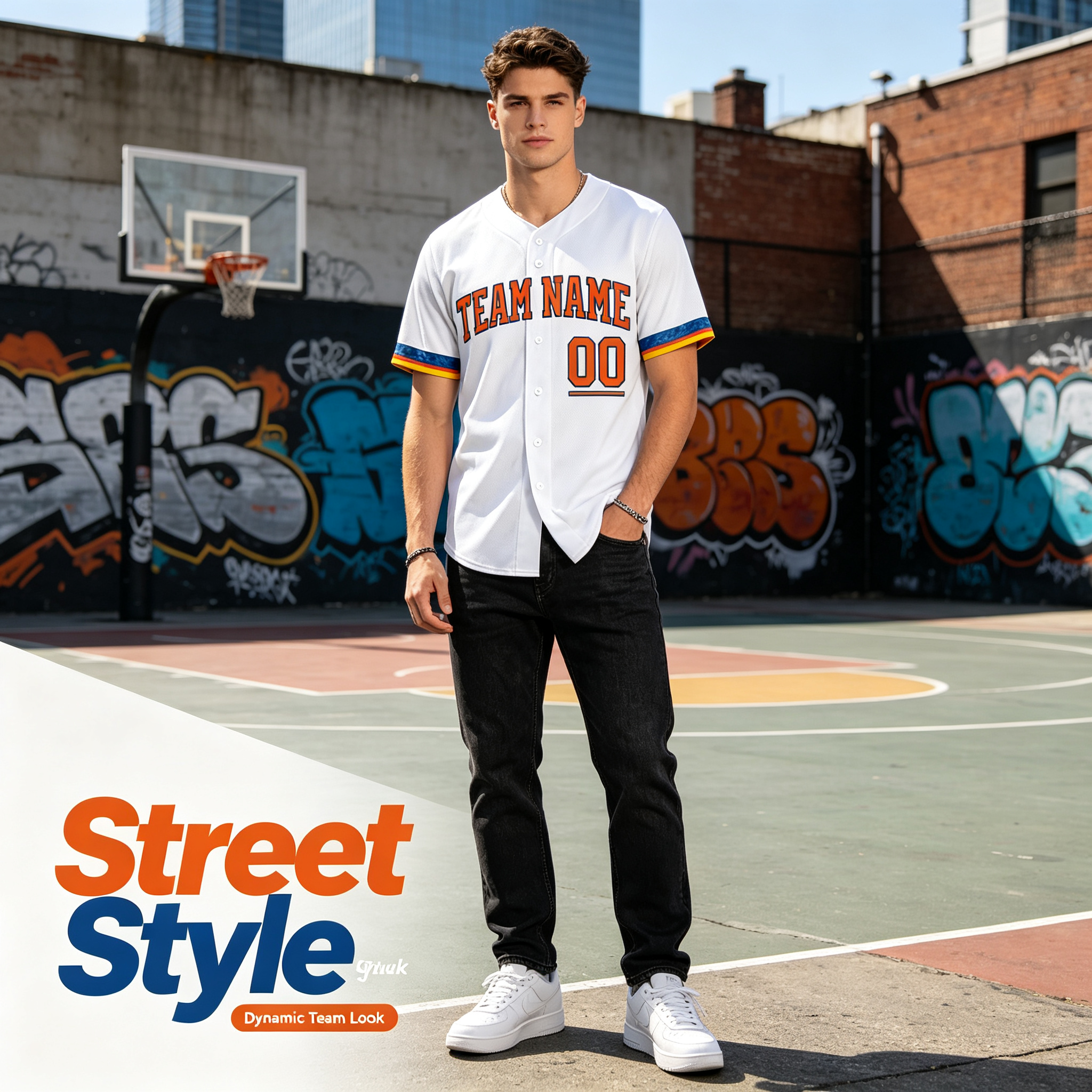 Custom Printed Houston Space City Style Baseball Jersey White Orange Piping Button Down Shirt for Men and Women