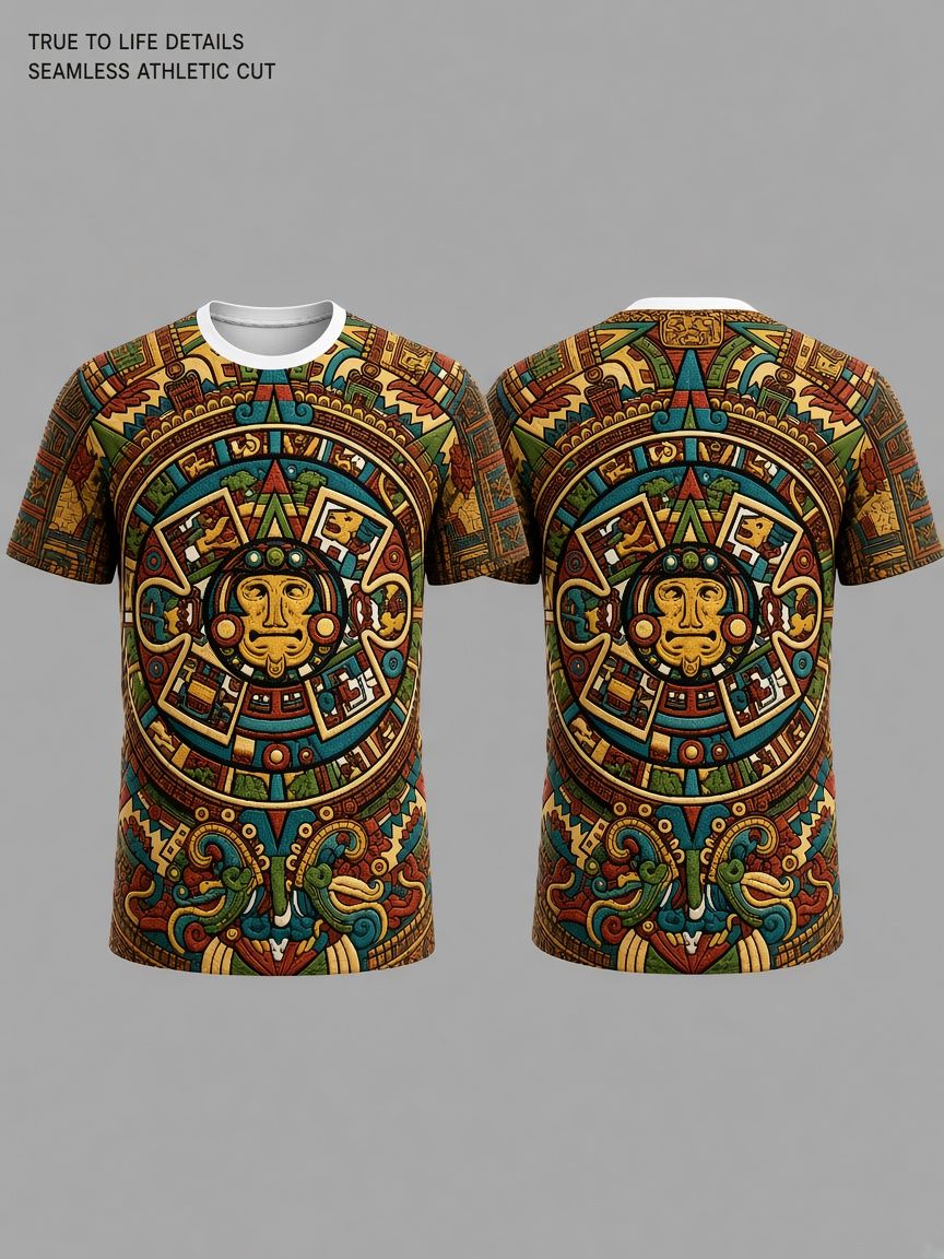 Aztec Sun Stone 3D Optical Illusion Graphic Tee Breathable Athletic Mesh T-Shirt for Casual and Sports Wear