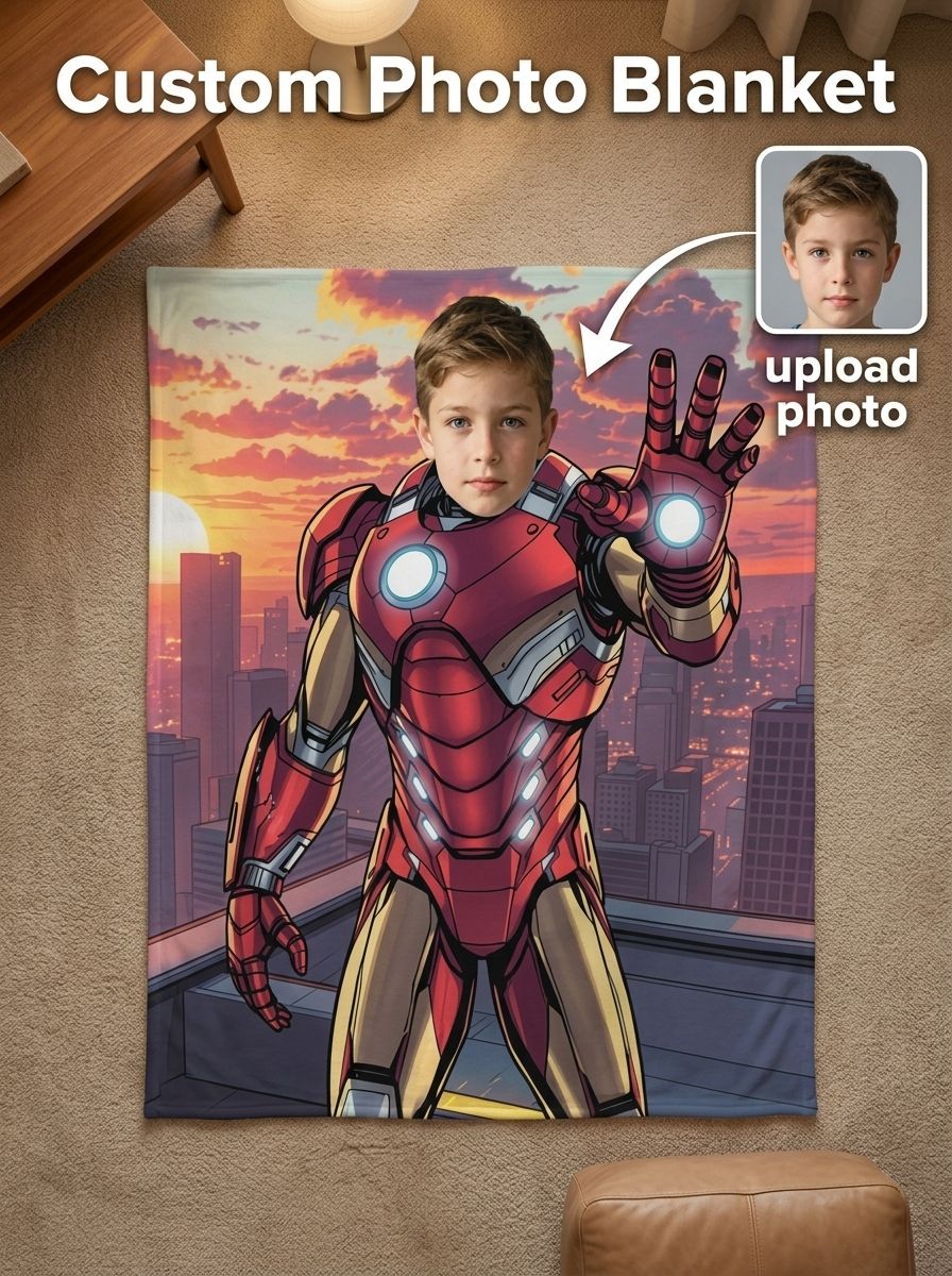 Custom Photo Superhero Flannel Blanket Personalized Soft Throw Fleece Warm Bed Cover Gift for Kids and Family