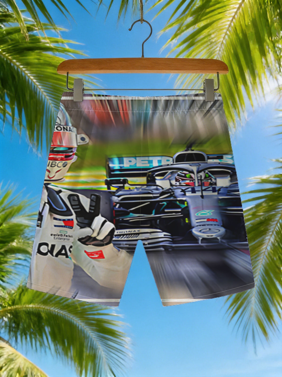 Lewis Hamilton, Mercedes F1 Driver, Celebrating Victory on Track -  Beach shorts