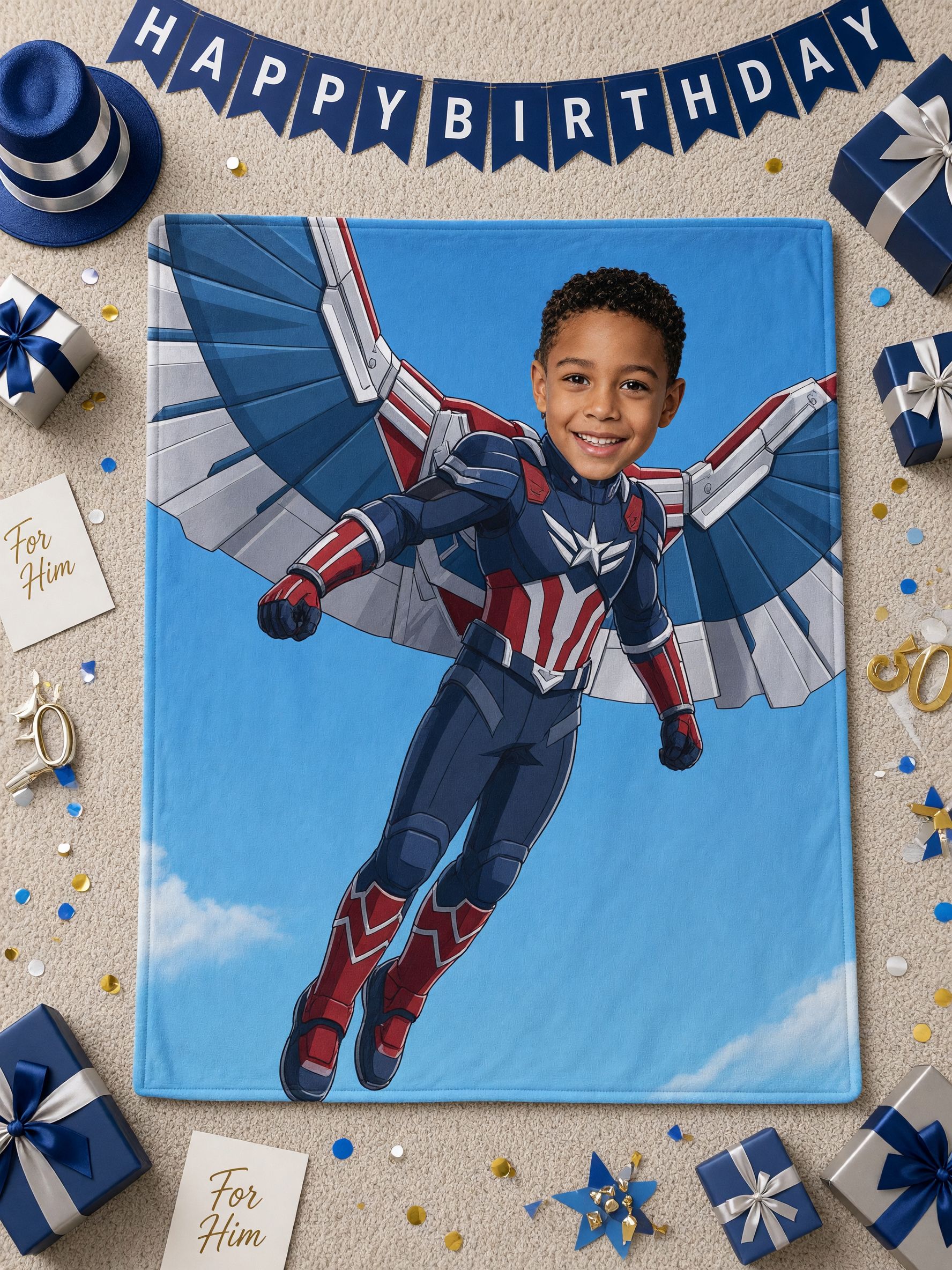 Custom Photo Superhero Flannel Fleece Blanket, Ultra Soft Flying Hero Throw, Personalized Gift for Kids and Family