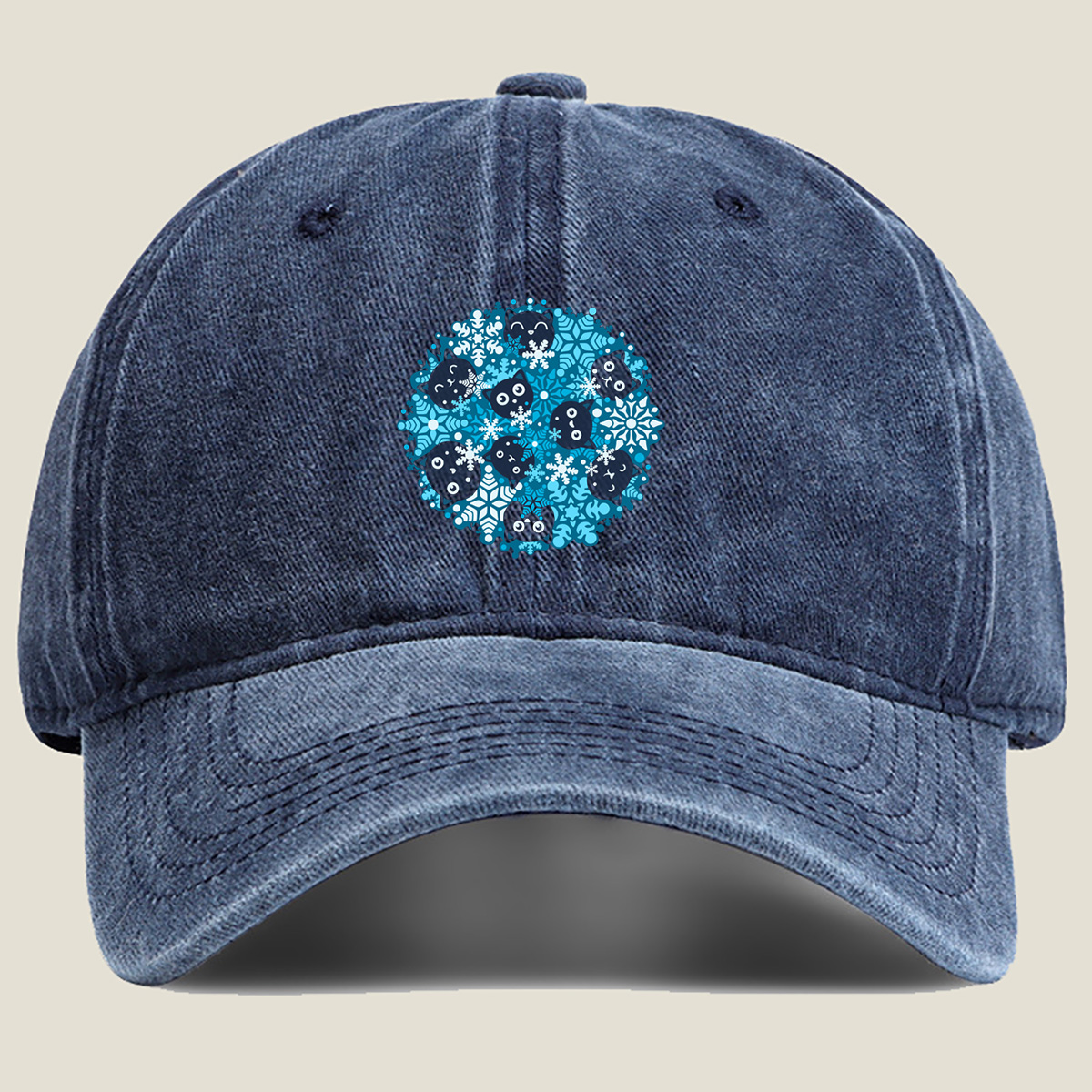 Black Cats and Snowflakes Winter Pattern - Washed Denim - Baseball Cap