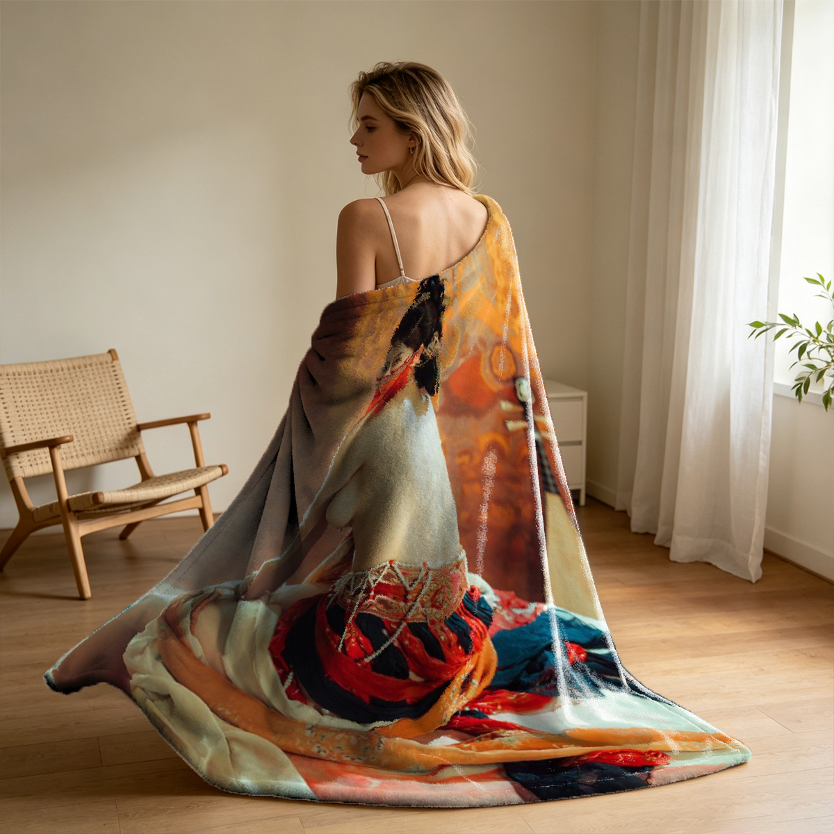Nude Woman Posing in Artist Studio with Eiffel Tower Painting - Blanket