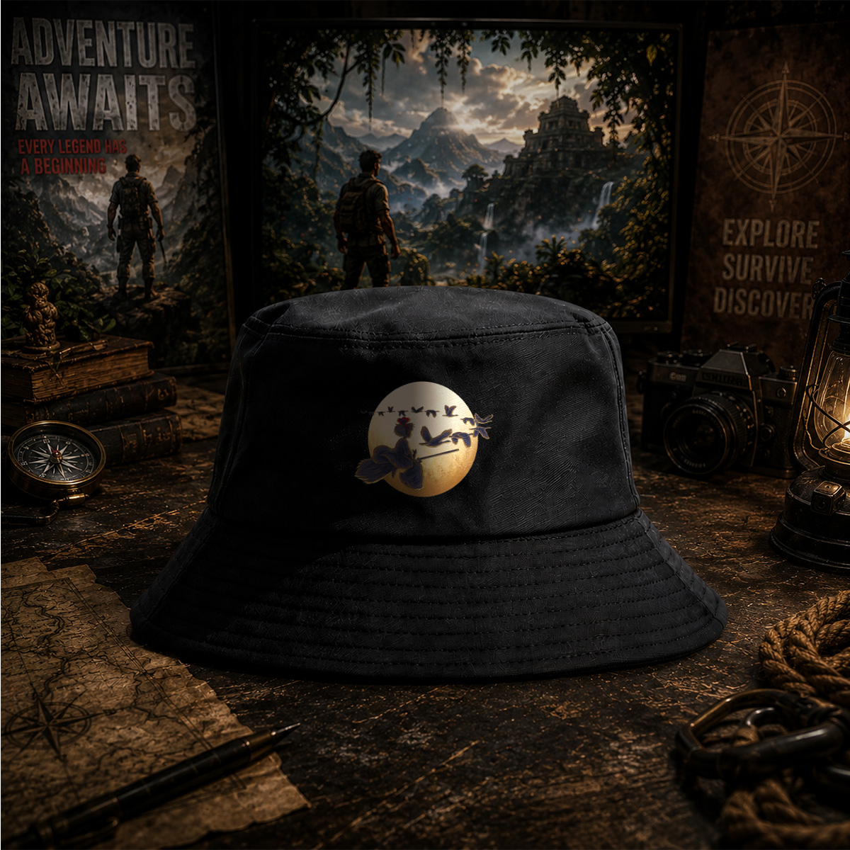 Mulan Flying on a Broomstick with Geese Against the Moon - Fisherman's Hat