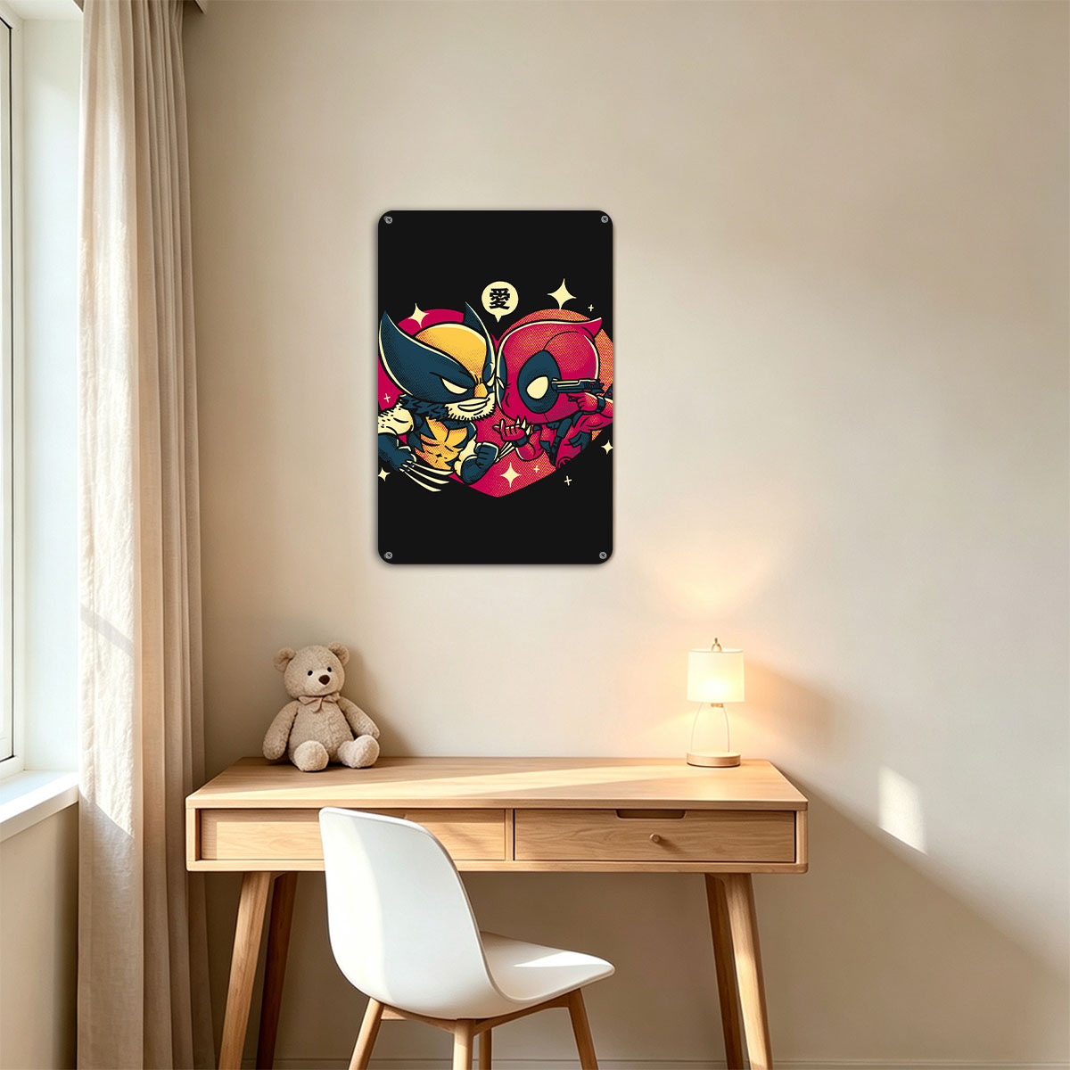 Wolverine and Deadpool in a Heart-Shaped Embrace with Love Symbol - painting
