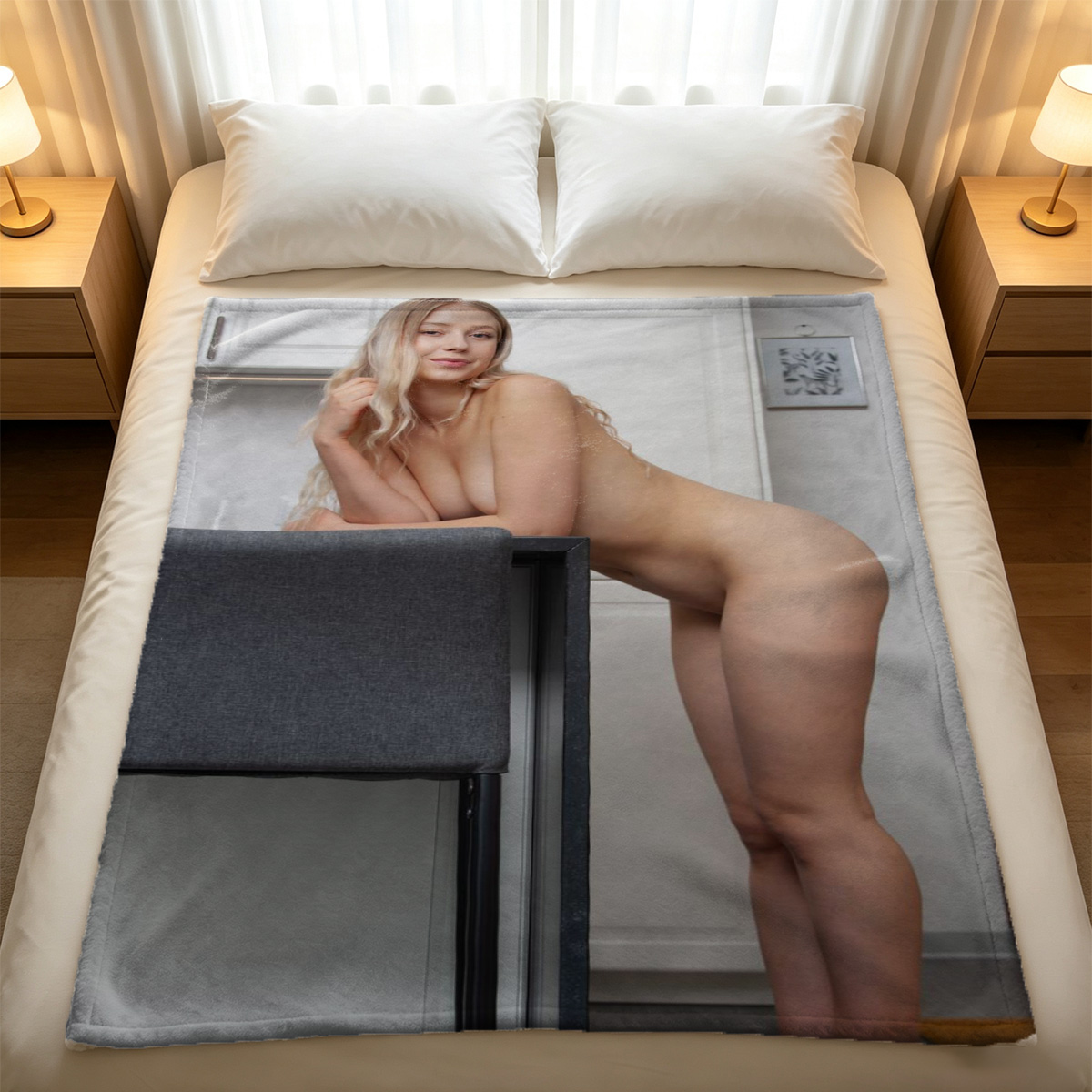 Nude Asian beauty posing elegantly in luxury interior. - Blanket